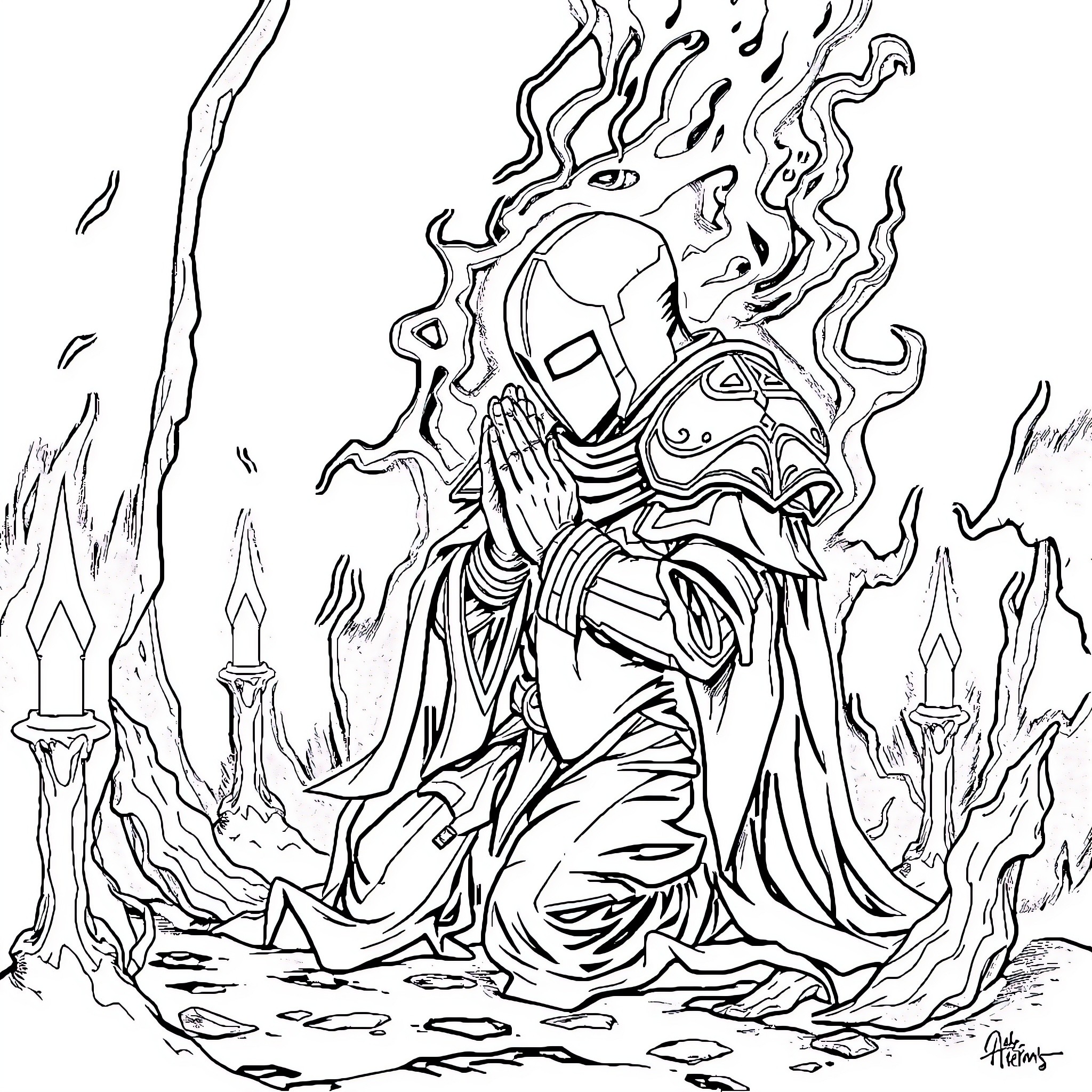 Hollow Knight's Fiery Ascension Coloring Page (free black-and-white line drawing printable PDF for all, from beginners to advanced learners, including children, teens, adults, and seniors)