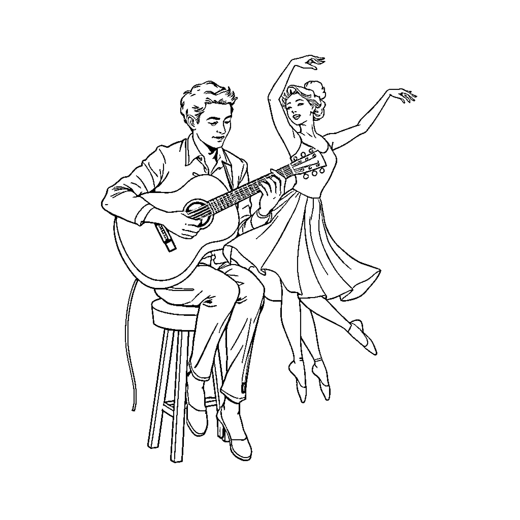 Guitar duo performing lively dance routine Coloring Page (free black-and-white line drawing printable PDF for all, from beginners to advanced learners, including children, teens, adults, and seniors)
