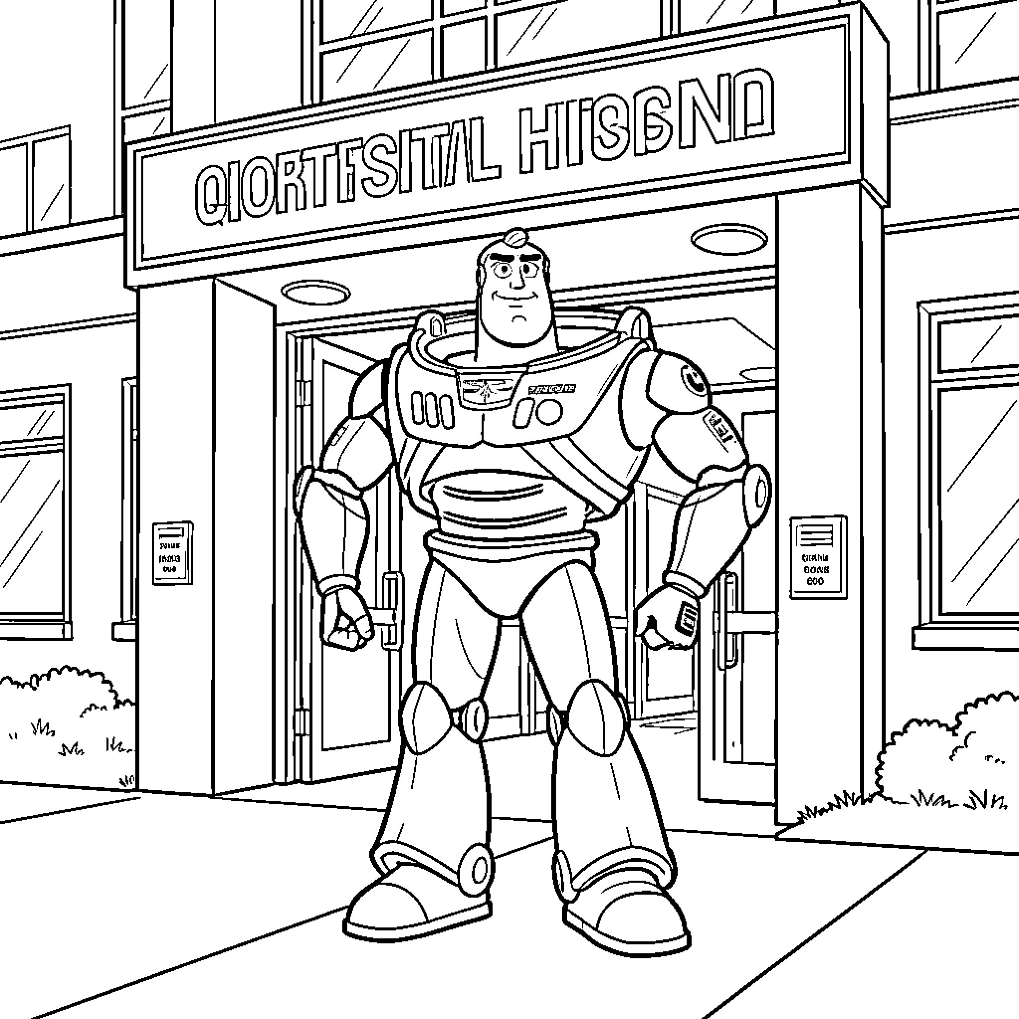 Buzz Lightyear standing confidently in front of a building Coloring Page (free black-and-white line drawing printable PDF for all, from beginners to advanced learners, including children, teens, adults, and seniors)