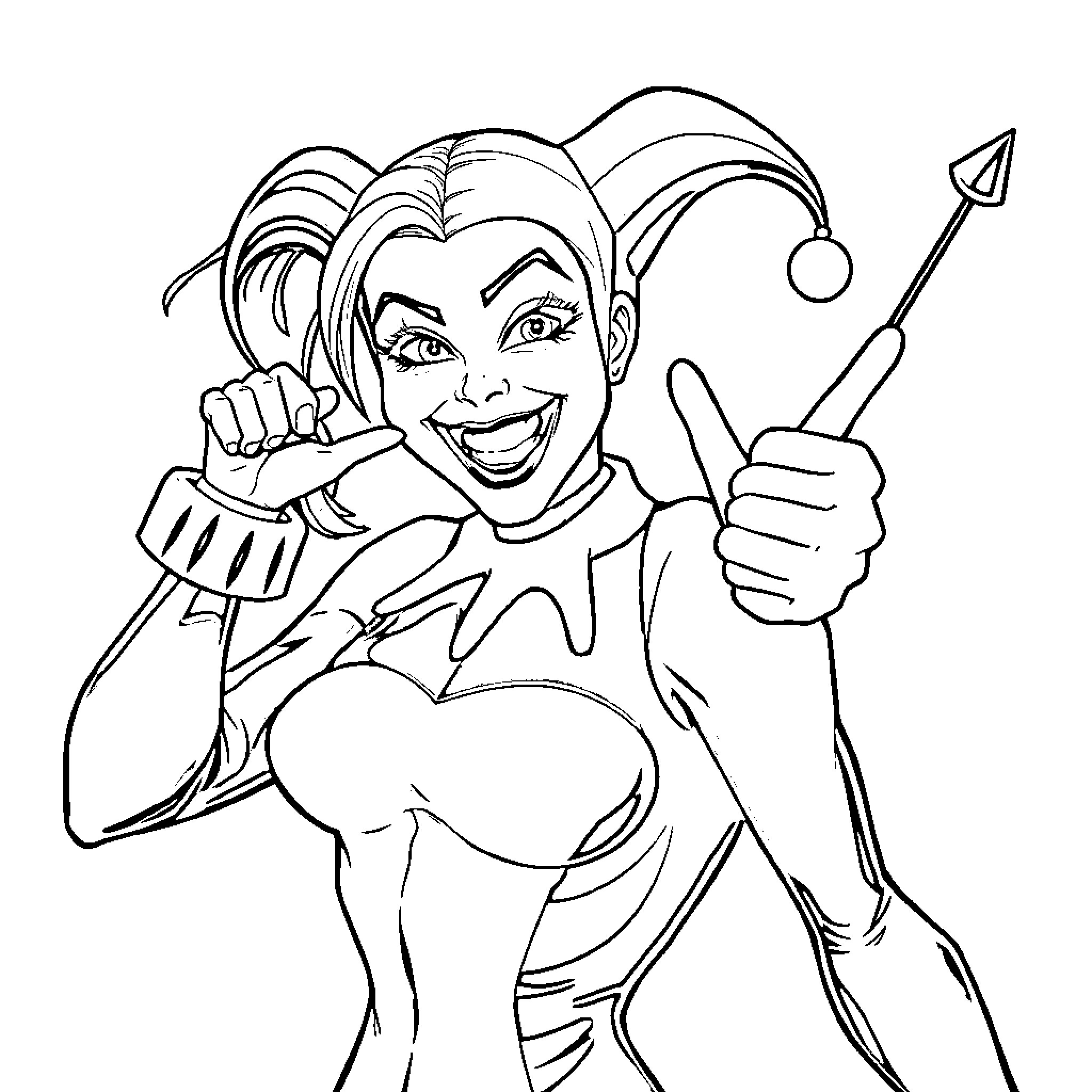 Harley Quinn strikes a playful pose with her mallet Coloring Page (free black-and-white line drawing printable PDF for all, from beginners to advanced learners, including children, teens, adults, and seniors)