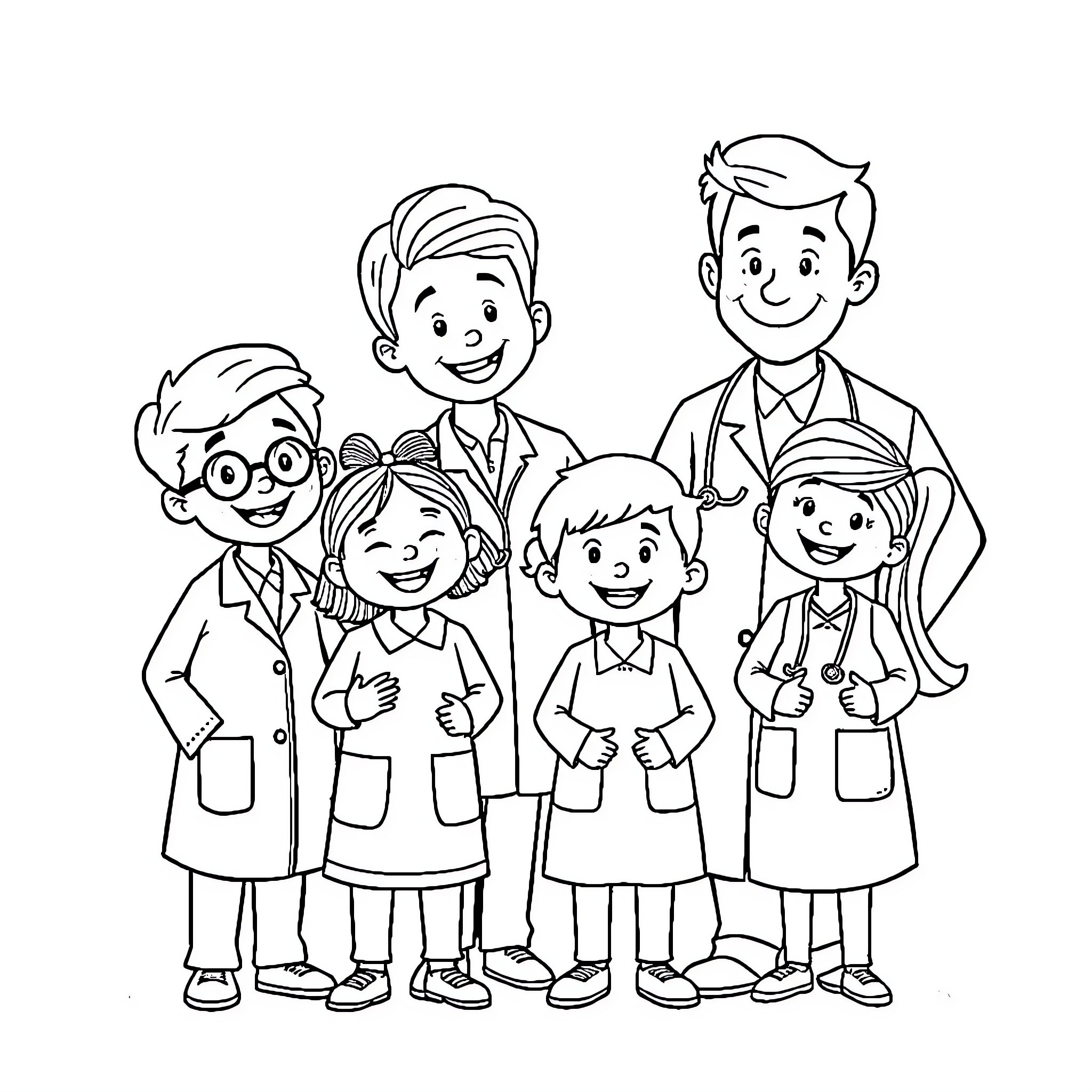 Pediatrician with a team of healthcare professionals Coloring Page (free black-and-white line drawing printable PDF for all, from beginners to advanced learners, including children, teens, adults, and seniors)