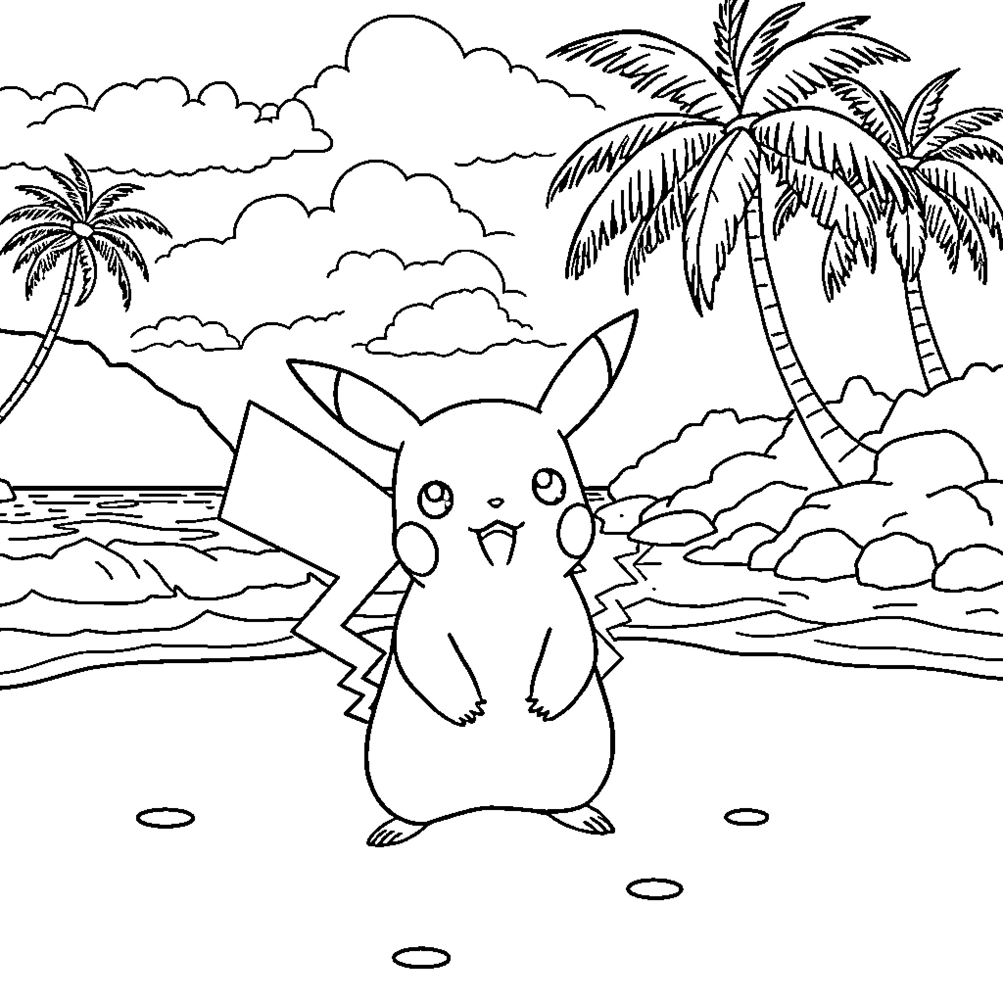 Pikachu relaxing on a tropical beach Coloring Page (free black-and-white line drawing printable PDF for all, from beginners to advanced learners, including children, teens, adults, and seniors)
