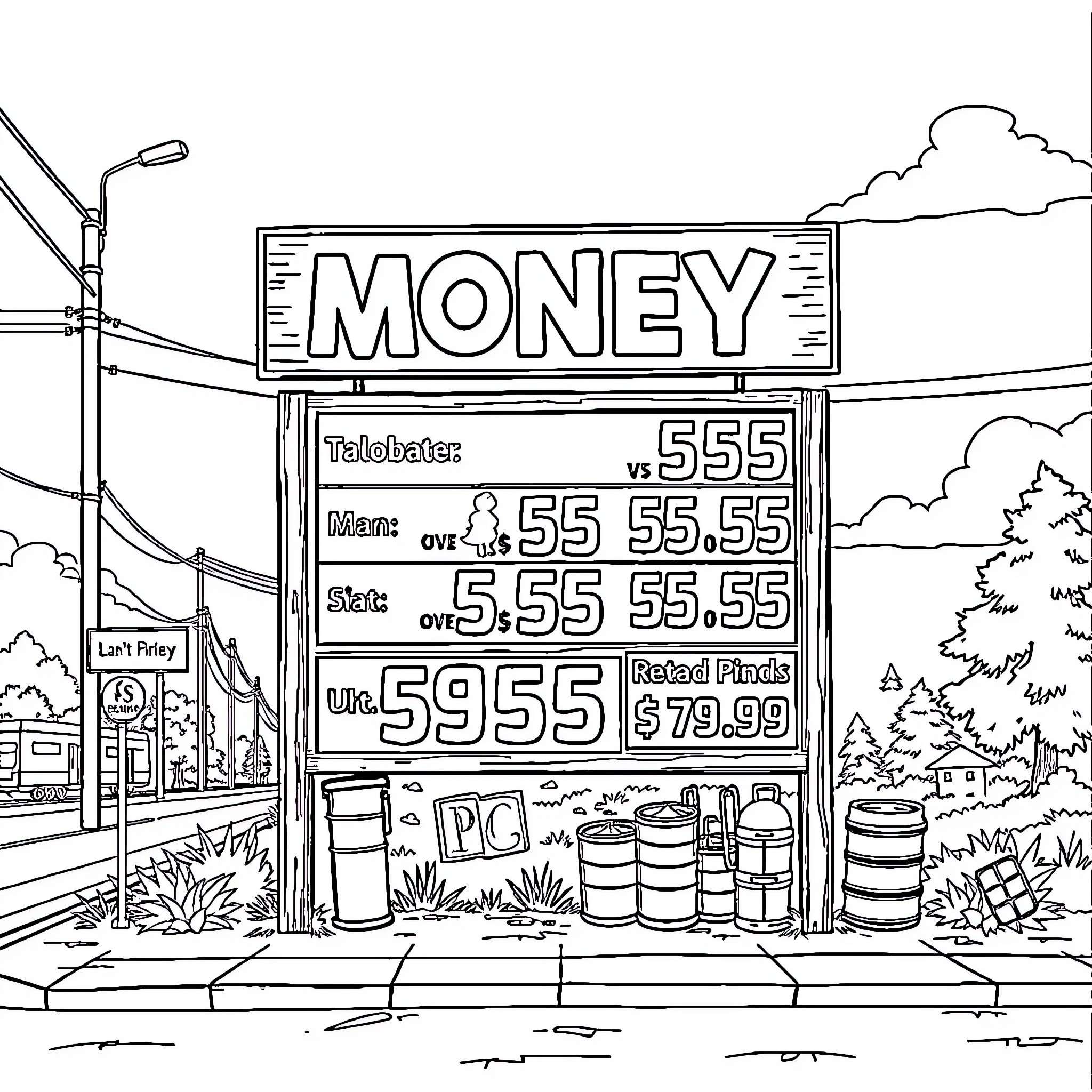 Roadsign displaying money exchange rates Coloring Page (free black-and-white line drawing printable PDF for all, from beginners to advanced learners, including children, teens, adults, and seniors)