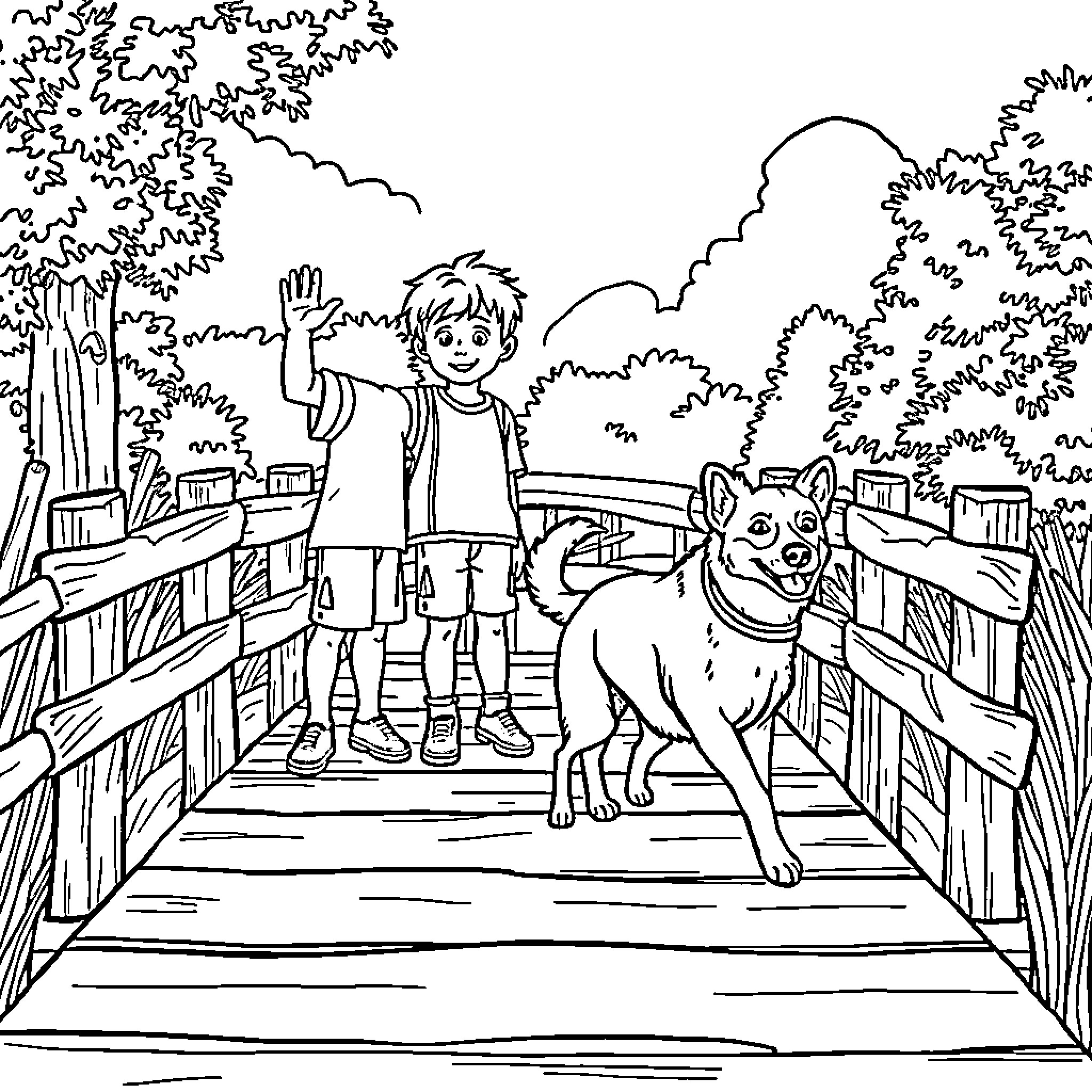 Dog and Boy Walking on Wooden Bridge Coloring Page (free black-and-white line drawing printable PDF for all, from beginners to advanced learners, including children, teens, adults, and seniors)