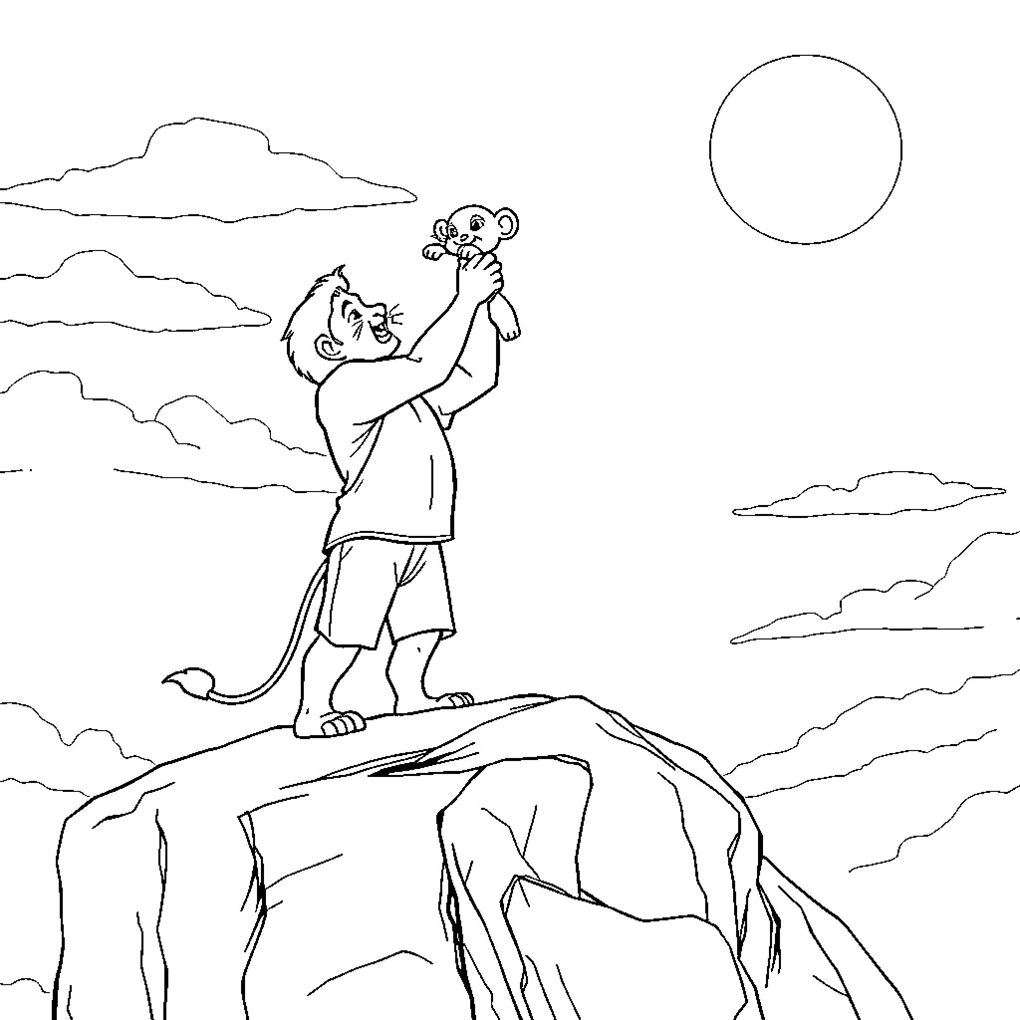 Simba Proudly Surveying the Savanna at Sunrise Coloring Page (free black-and-white line drawing printable PDF for all, from beginners to advanced learners, including children, teens, adults, and seniors)