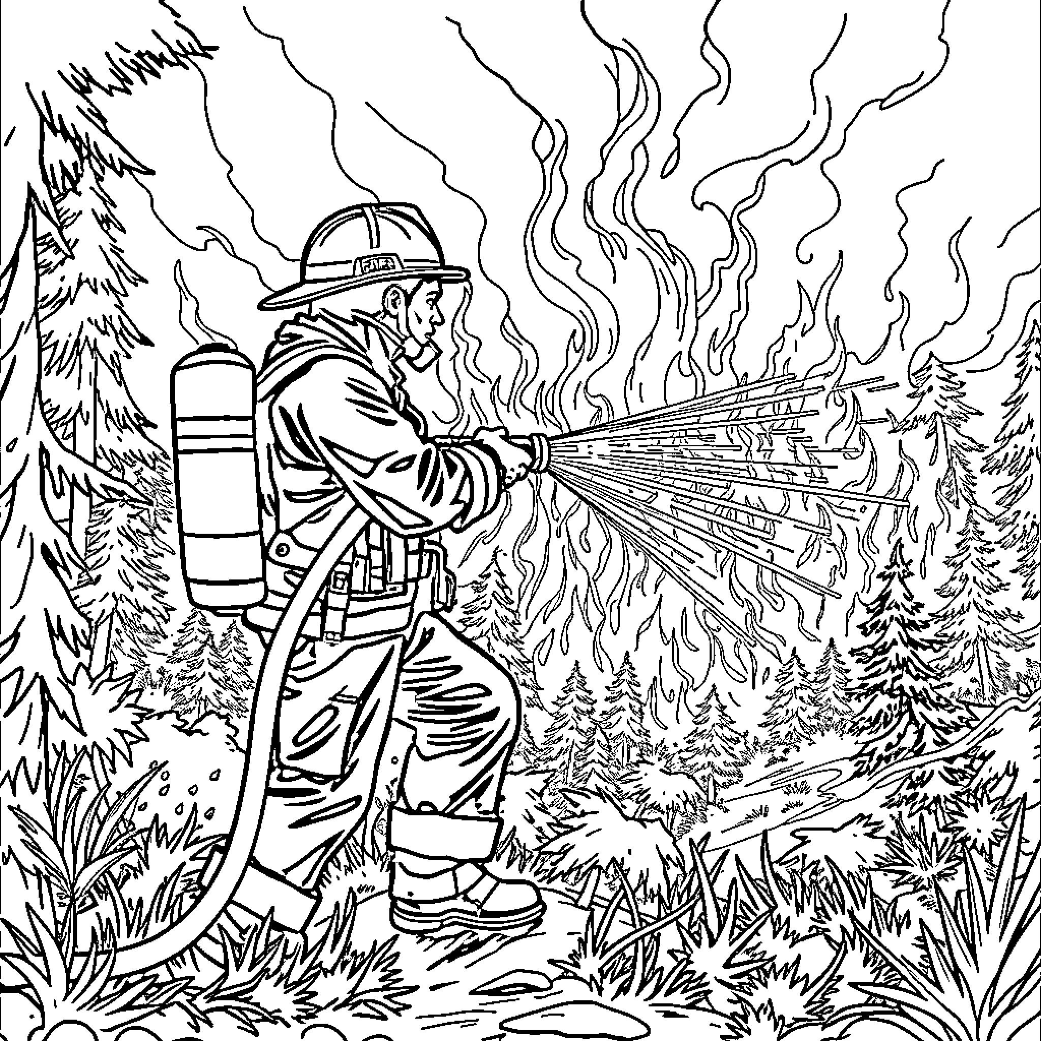 Firefighter battling forest fire with hose Coloring Page (free black-and-white line drawing printable PDF for all, from beginners to advanced learners, including children, teens, adults, and seniors)