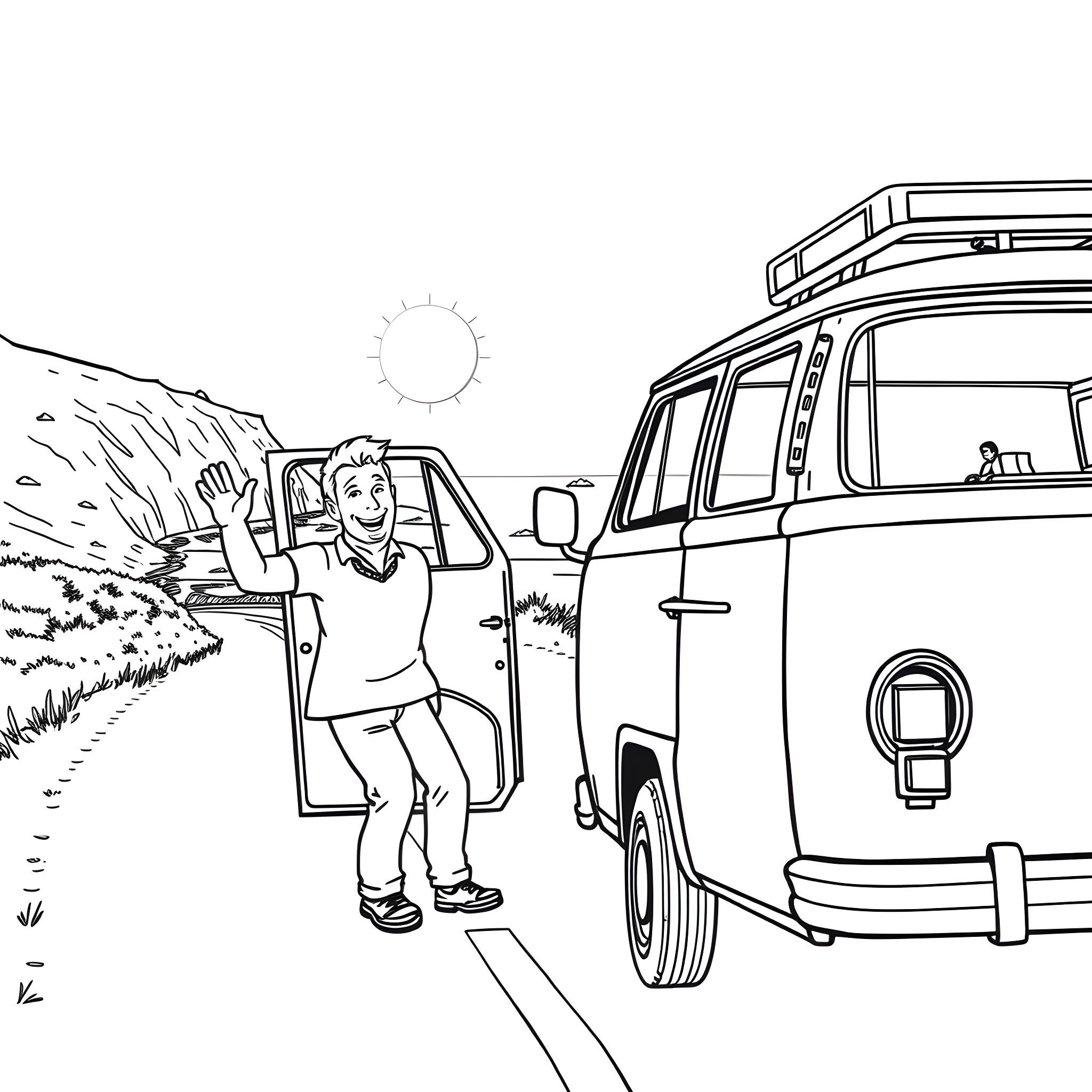 JJ Maybank enjoying outdoor adventure in the countryside Coloring Page (free black-and-white line drawing printable PDF for all, from beginners to advanced learners, including children, teens, adults, and seniors)