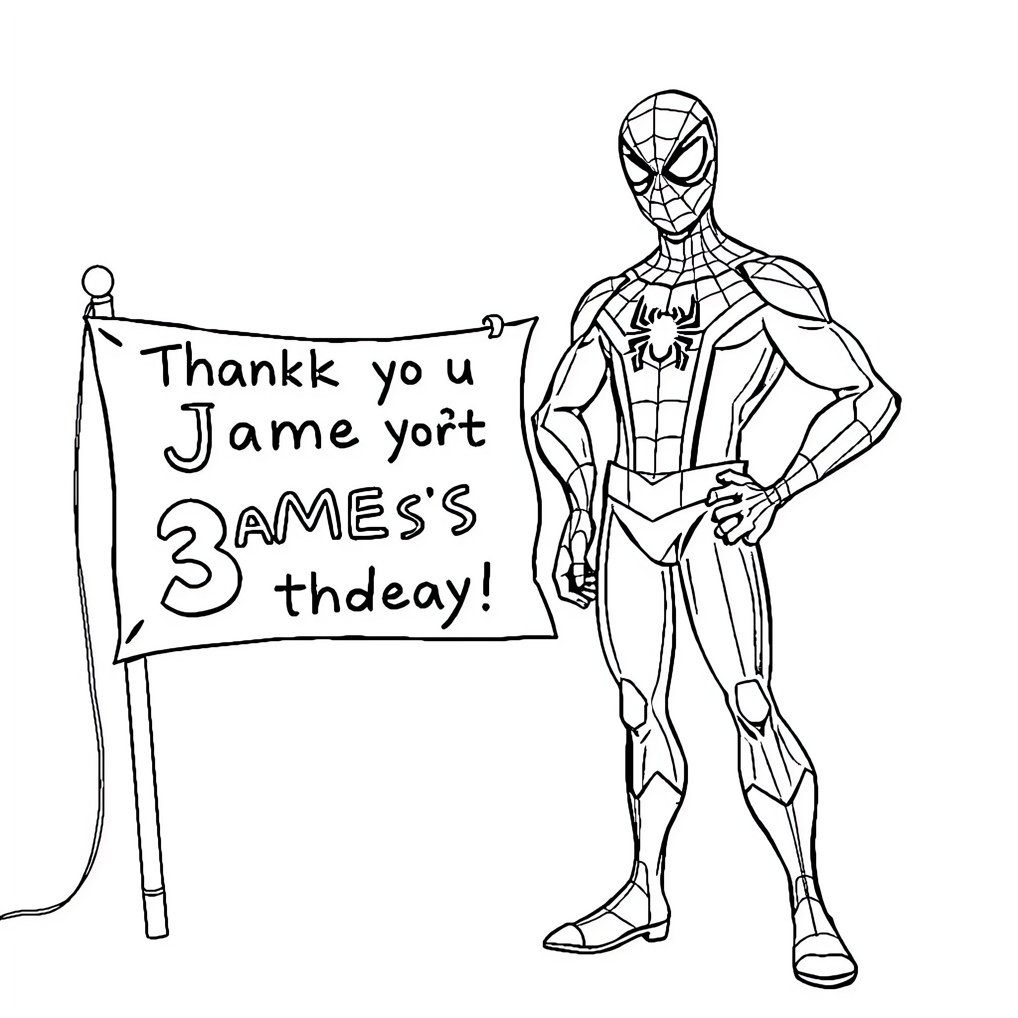 Spiderman expresses gratitude with a sign Coloring Page (free black-and-white line drawing printable PDF for all, from beginners to advanced learners, including children, teens, adults, and seniors)