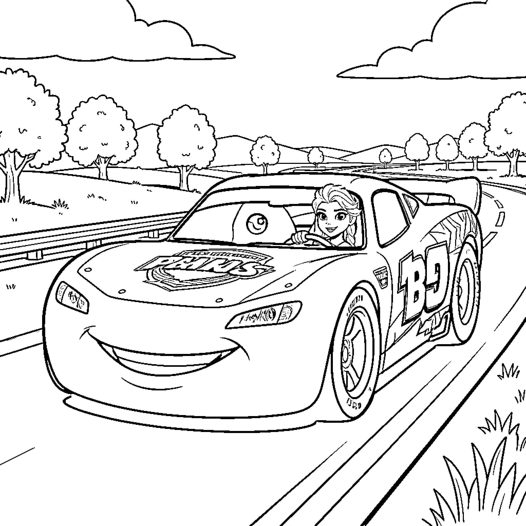 Elsa driving a racing car on a track Coloring Page (free black-and-white line drawing printable PDF for all, from beginners to advanced learners, including children, teens, adults, and seniors)