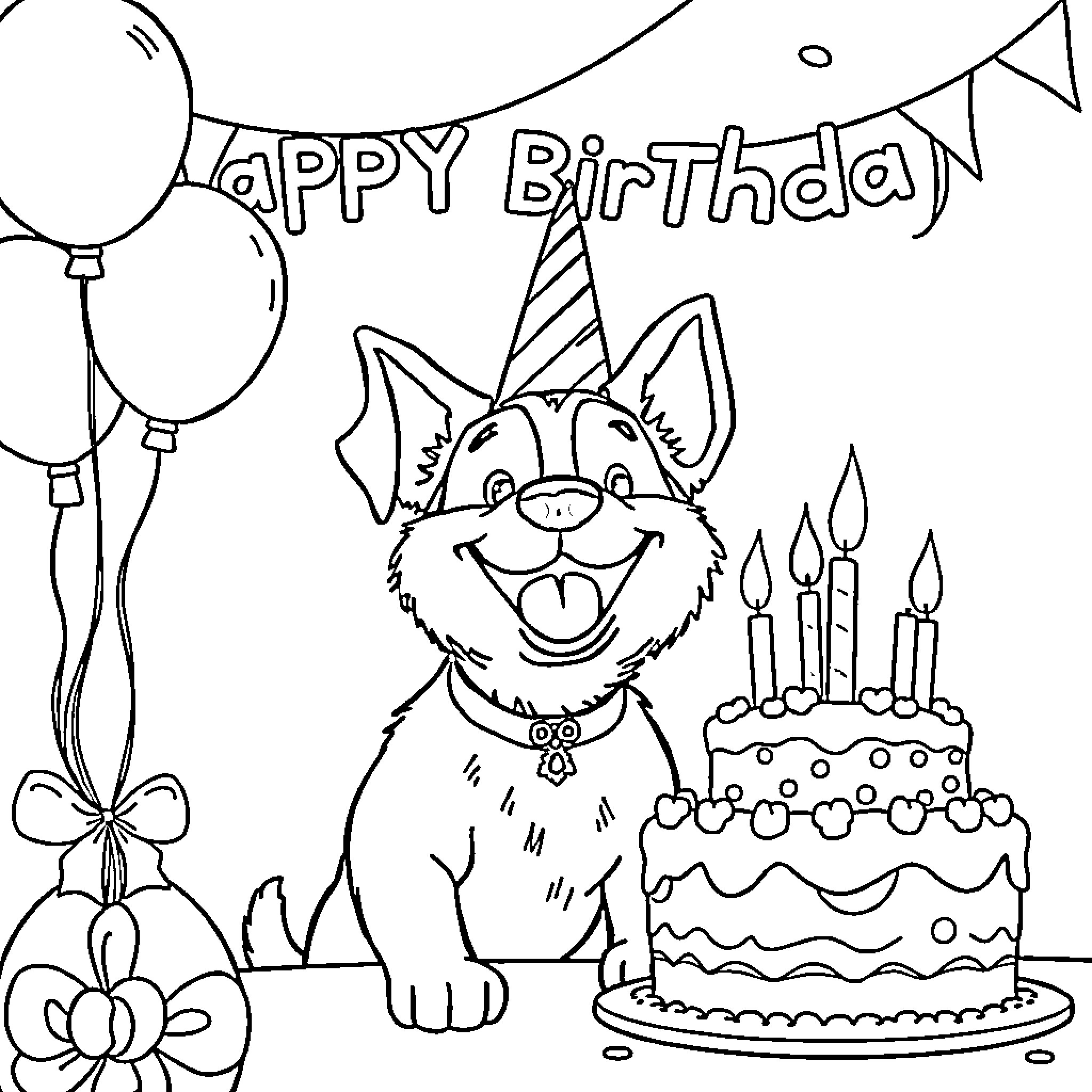 Dog Celebrating Happy Birthday with Cake and Balloons Coloring Page (free black-and-white line drawing printable PDF for all, from beginners to advanced learners, including children, teens, adults, and seniors)