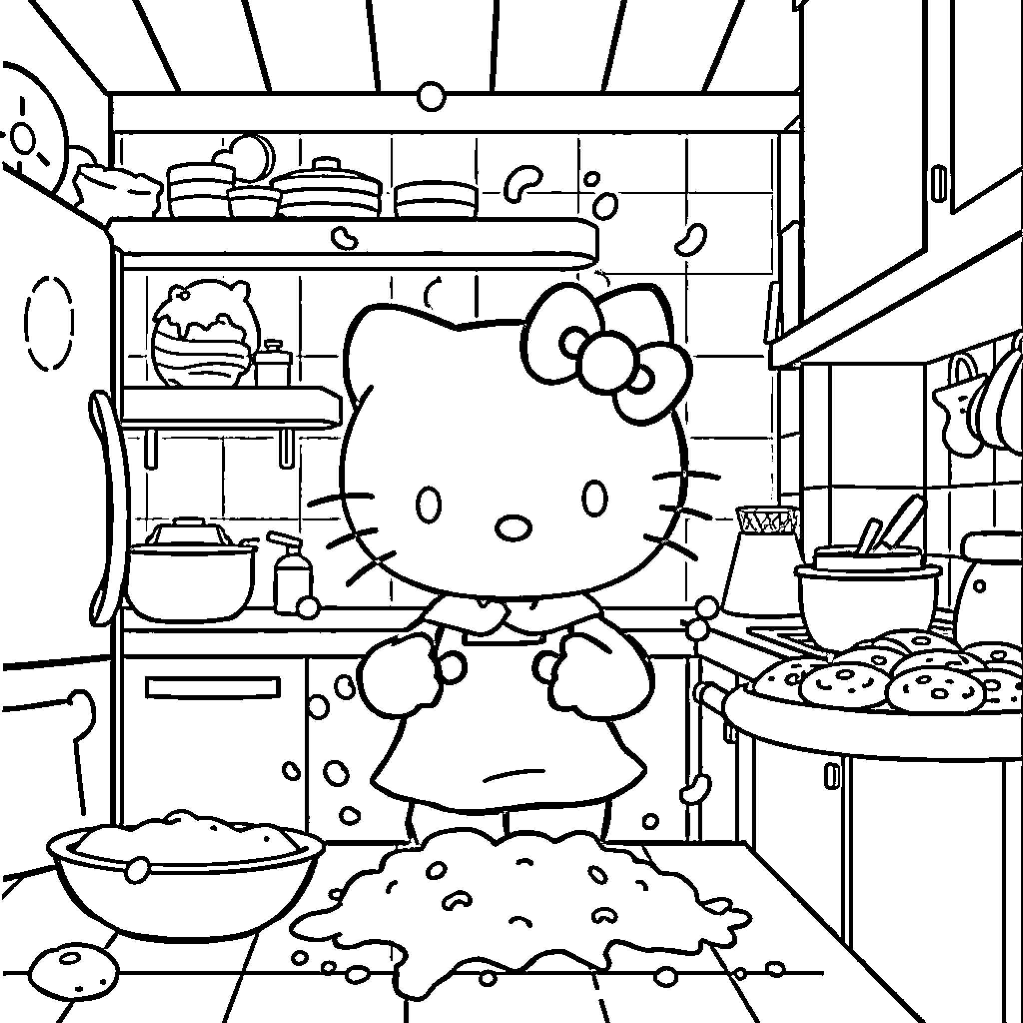 Hello Kitty baking in the kitchen Coloring Page (free black-and-white line drawing printable PDF for all, from beginners to advanced learners, including children, teens, adults, and seniors)