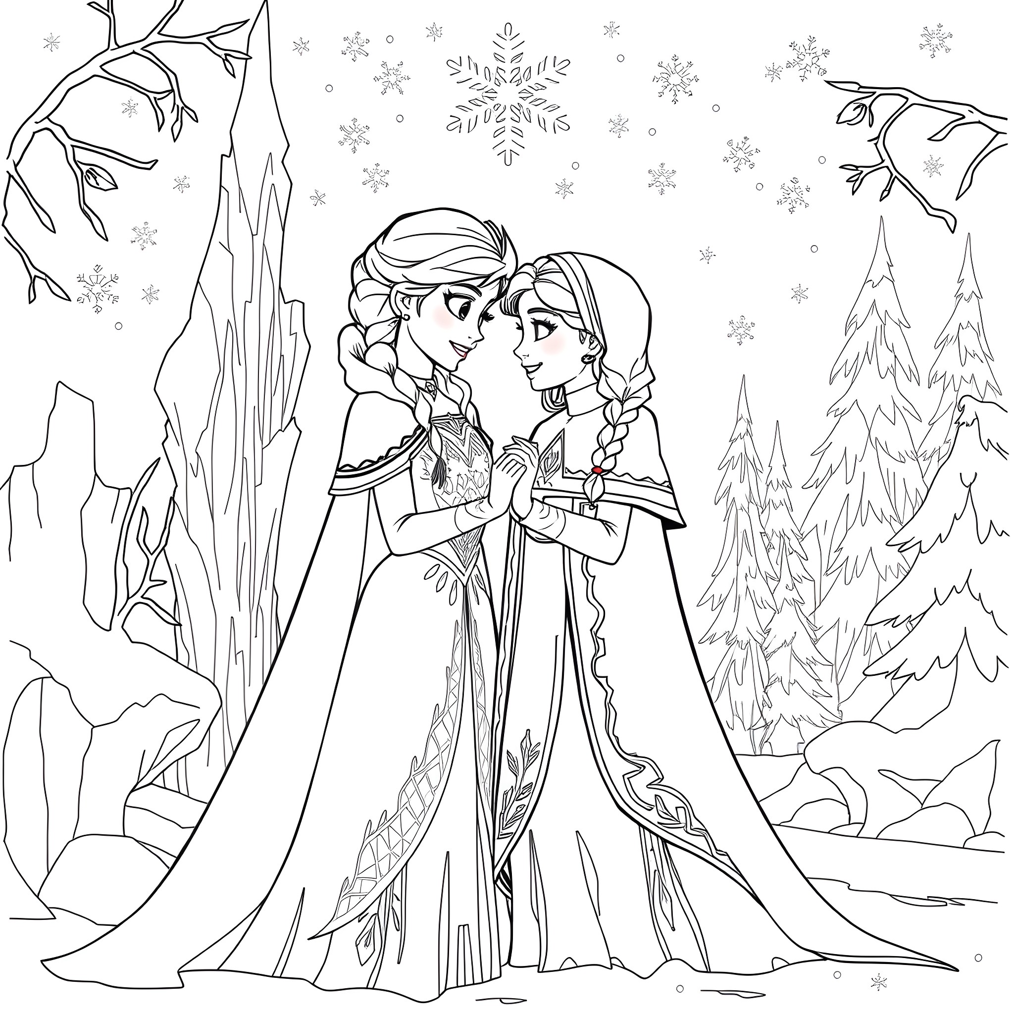 Elsa and Anna sharing a tender moment in the winter landscape Coloring Page (free black-and-white line drawing printable PDF for all, from beginners to advanced learners, including children, teens, adults, and seniors)