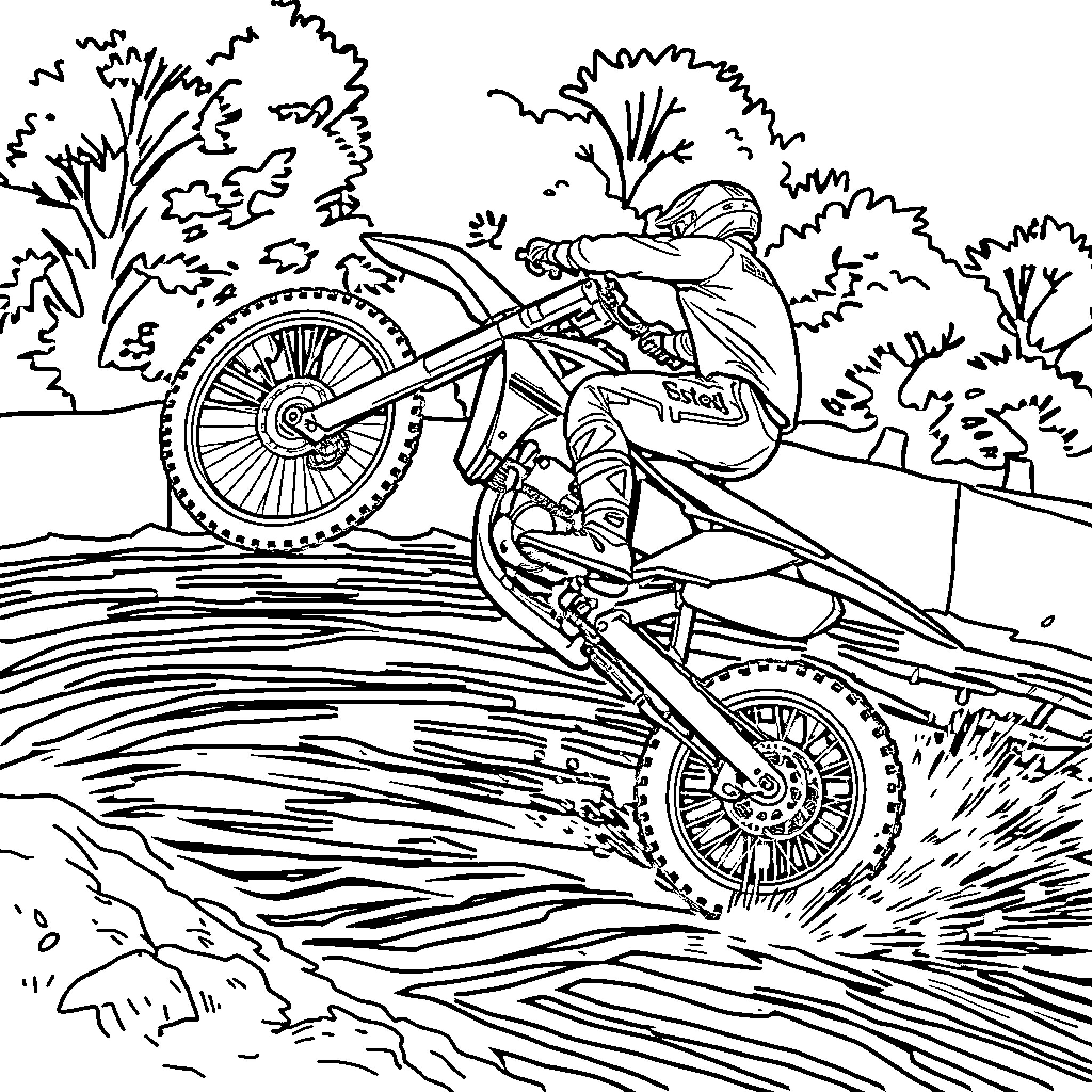 Motocross Rider Navigating Rough Terrain Coloring Page (free black-and-white line drawing printable PDF for all, from beginners to advanced learners, including children, teens, adults, and seniors)