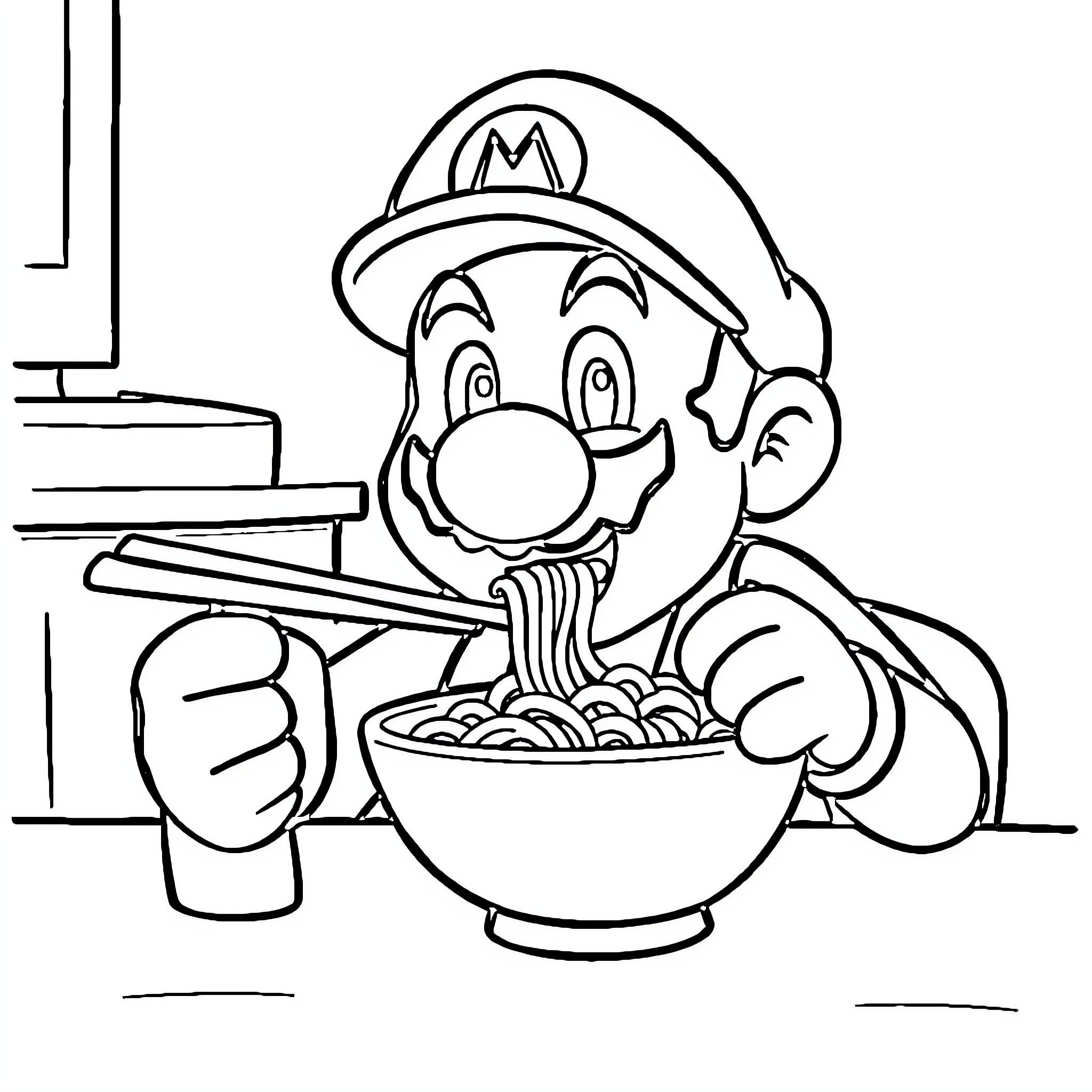Super Mario Enjoying a Bowl of Pasta Coloring Page (free black-and-white line drawing printable PDF for all, from beginners to advanced learners, including children, teens, adults, and seniors)