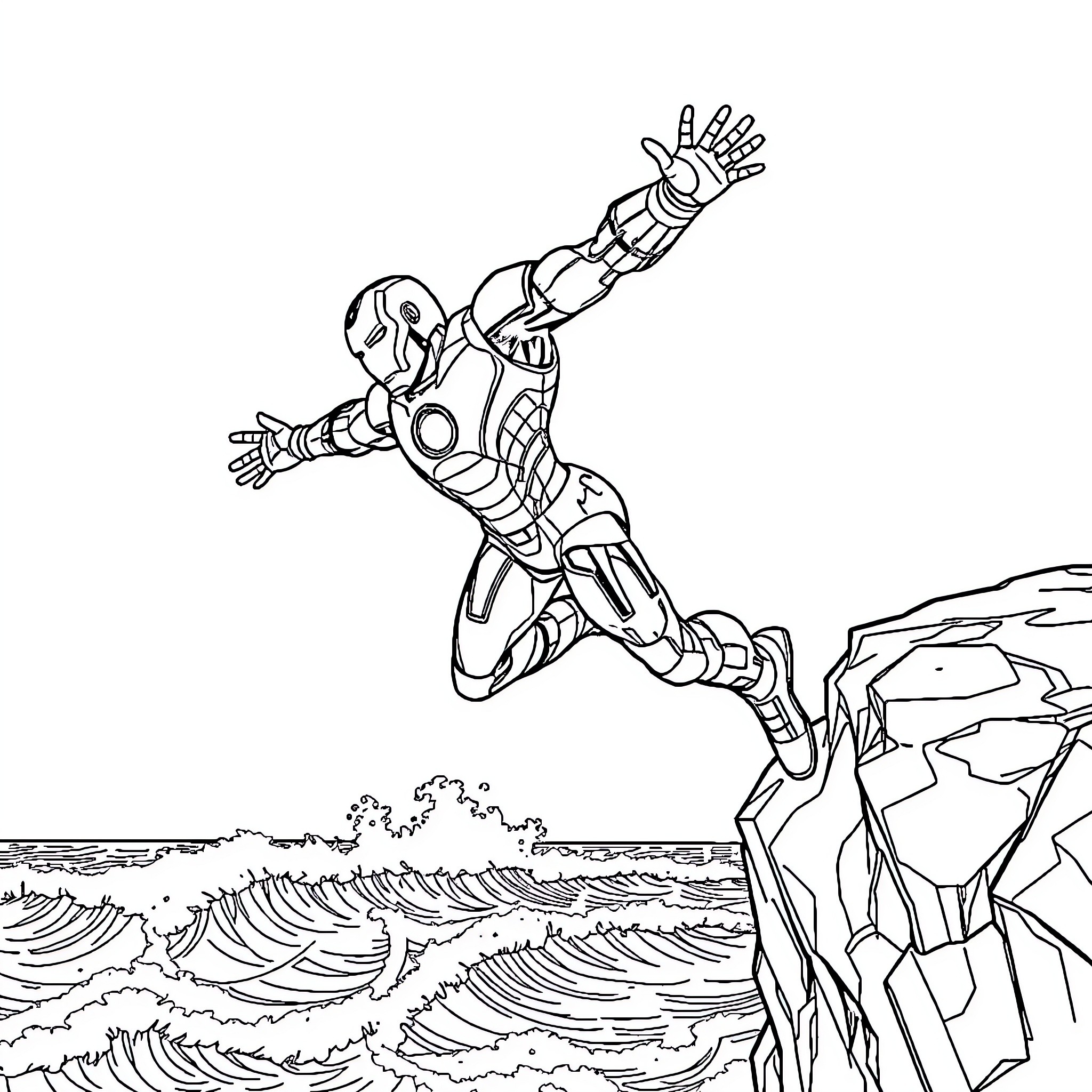 Iron Man soaring over crashing waves Coloring Page (free black-and-white line drawing printable PDF for all, from beginners to advanced learners, including children, teens, adults, and seniors)