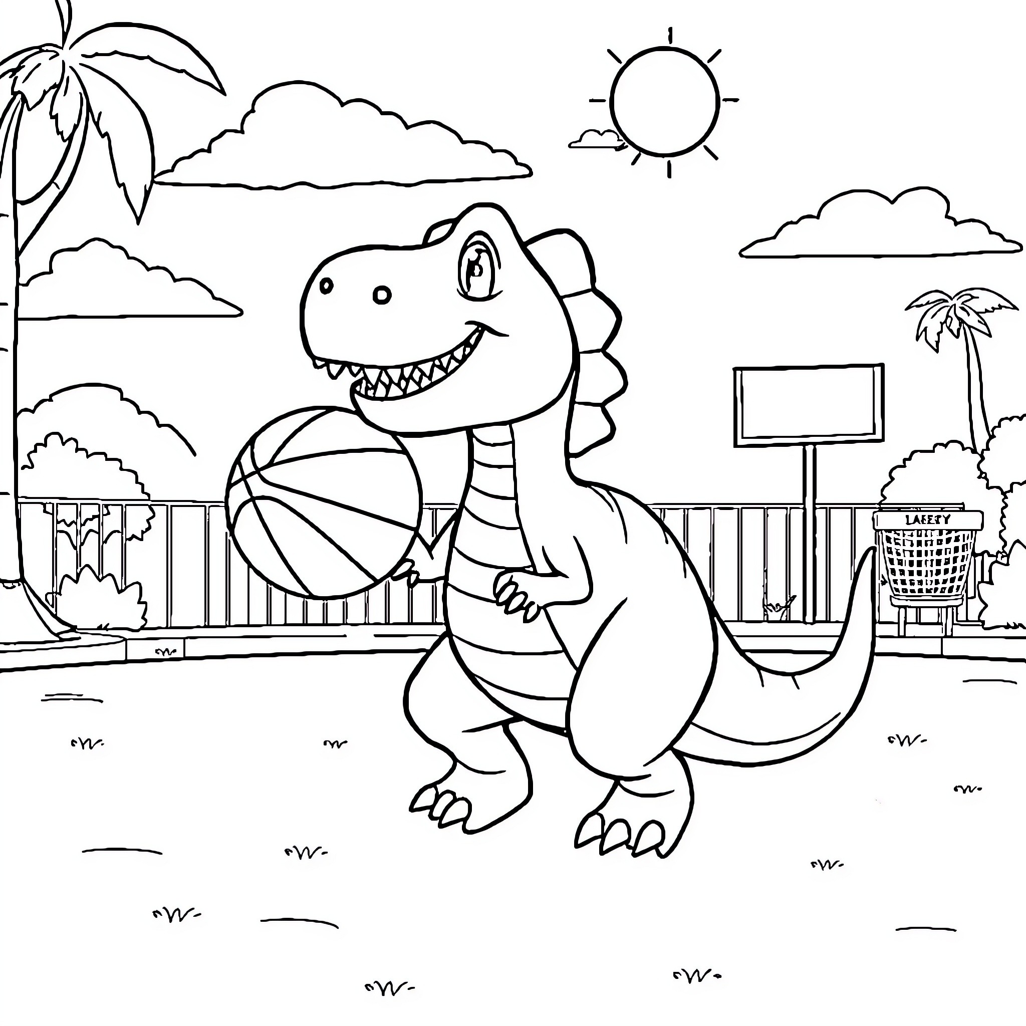 Dino Enjoying the Sunny Beach Day Coloring Page (free black-and-white line drawing printable PDF for all, from beginners to advanced learners, including children, teens, adults, and seniors)
