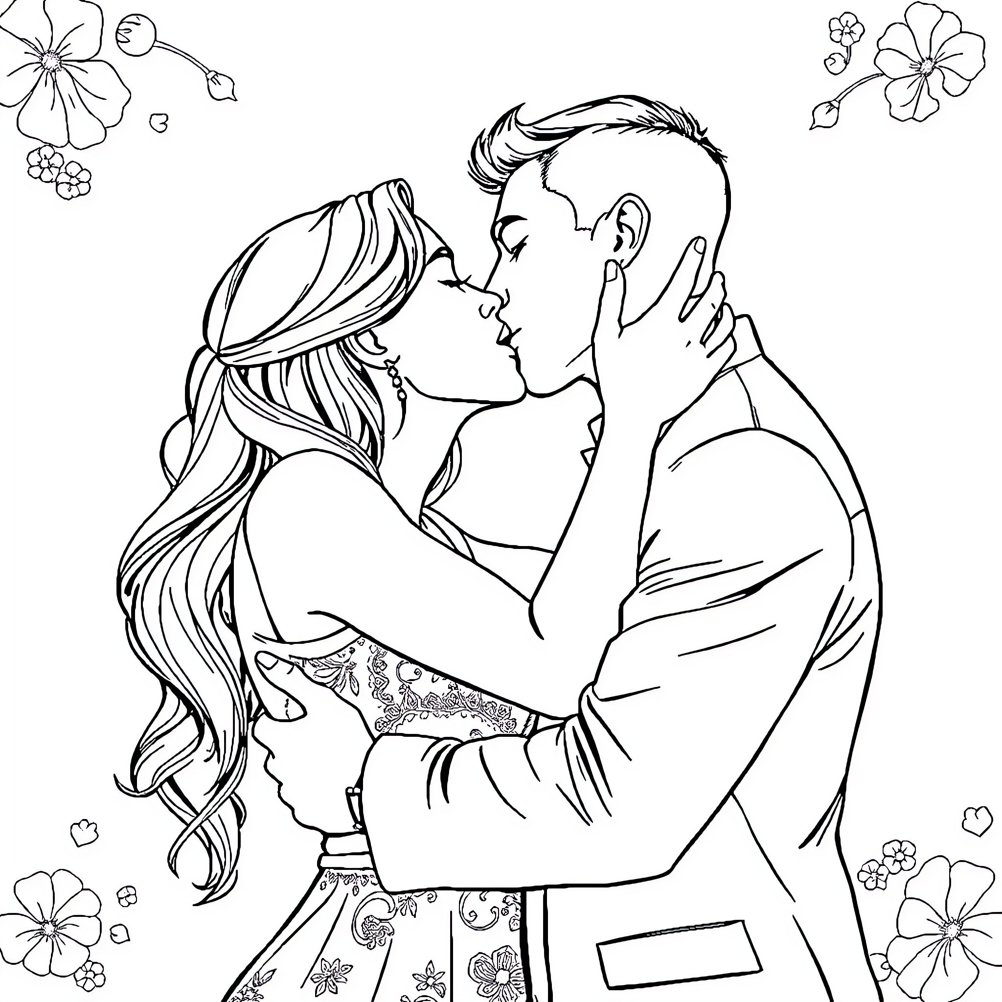 Woman embracing her partner tenderly Coloring Page (free black-and-white line drawing printable PDF for all, from beginners to advanced learners, including children, teens, adults, and seniors)