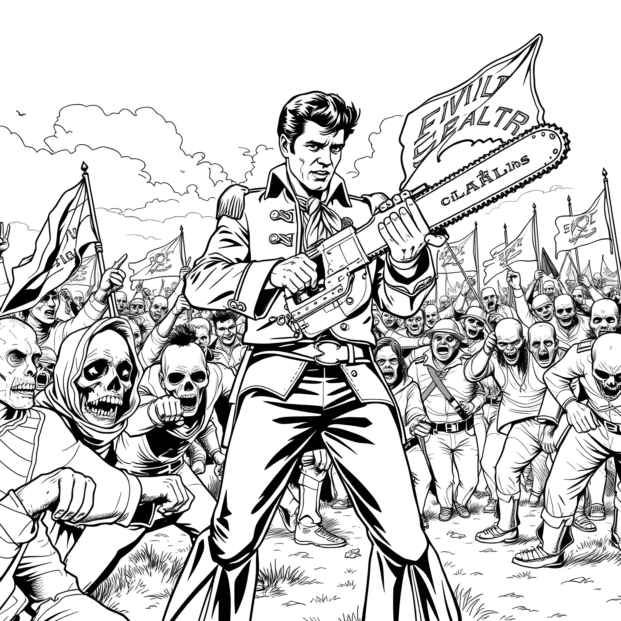Elvis Presley leading a crowd with his iconic guitar Coloring Page (free black-and-white line drawing printable PDF for all, from beginners to advanced learners, including children, teens, adults, and seniors)