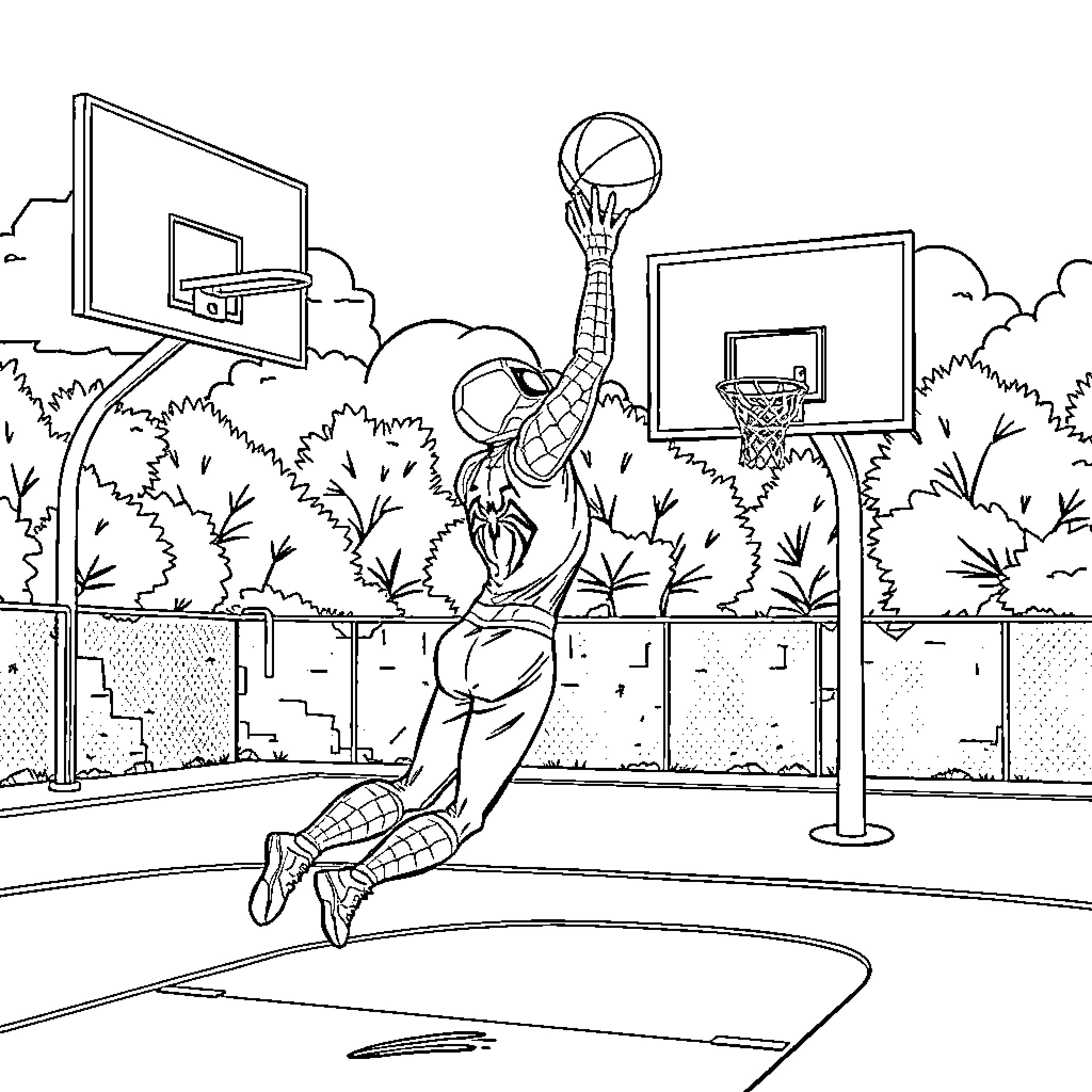 Spiderman soaring for a slam dunk on the basketball court Coloring Page (free black-and-white line drawing printable PDF for all, from beginners to advanced learners, including children, teens, adults, and seniors)