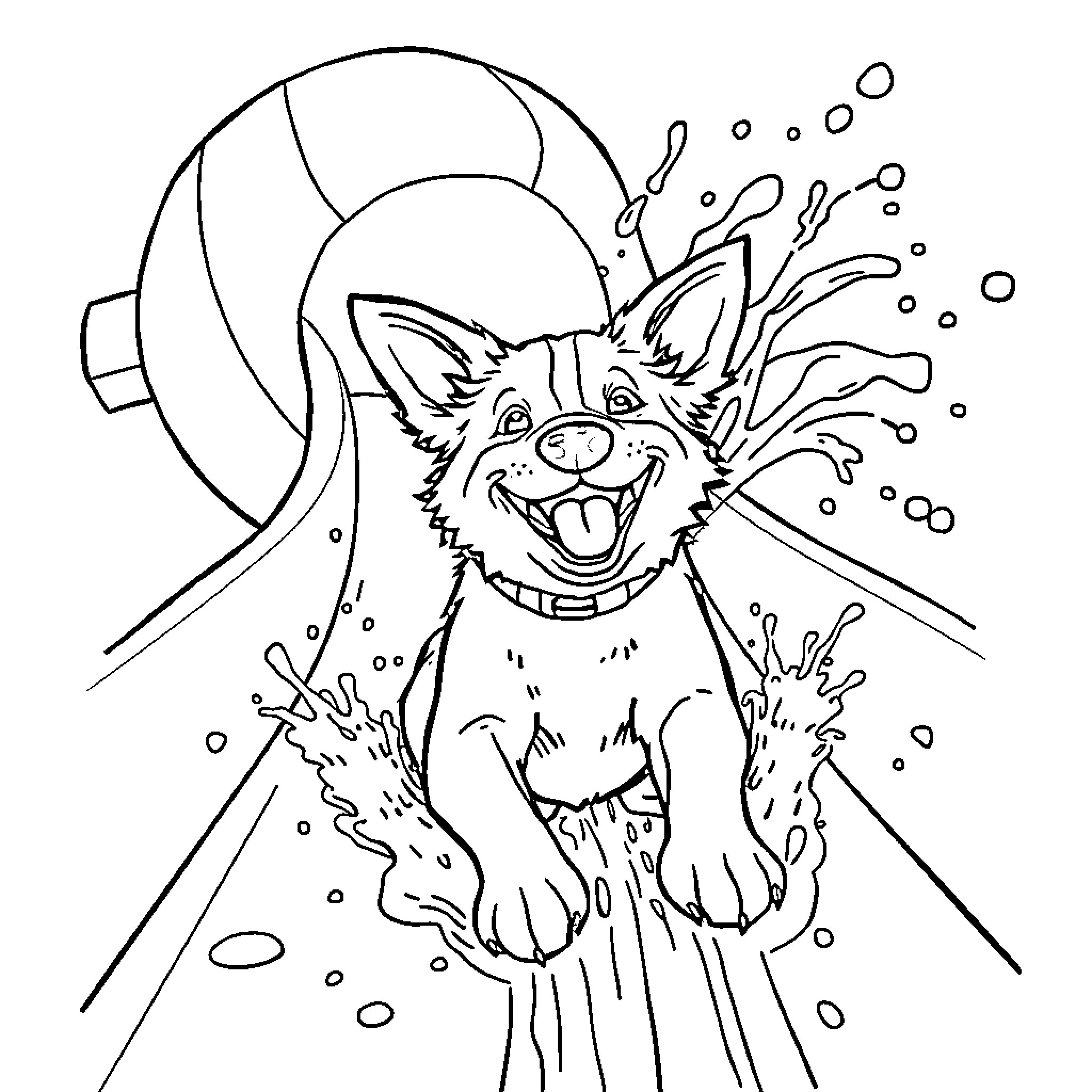 Dog splashing happily in the water Coloring Page (free black-and-white line drawing printable PDF for all, from beginners to advanced learners, including children, teens, adults, and seniors)