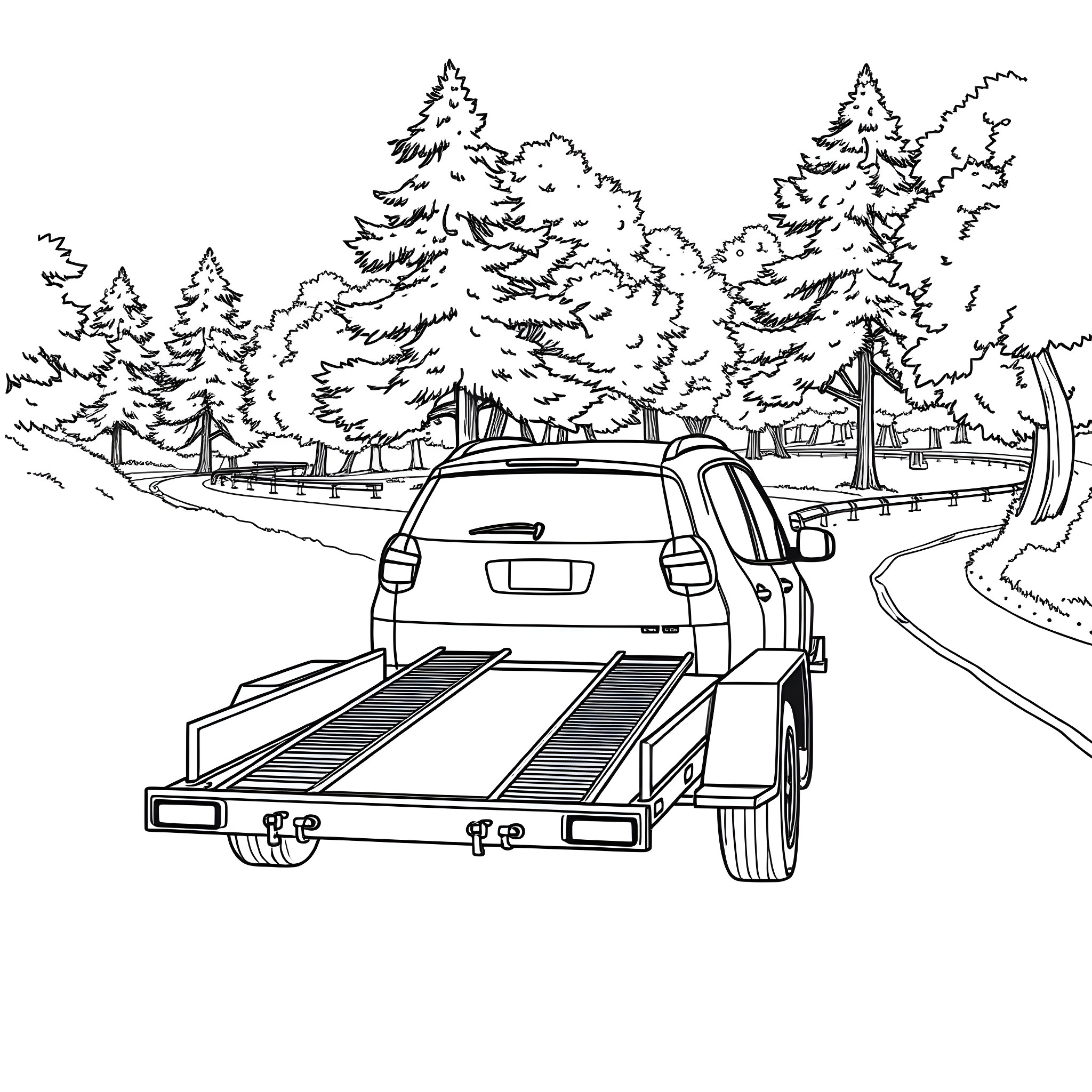 Car Trailer Transporting Vehicle on Rural Road Coloring Page (free black-and-white line drawing printable PDF for all, from beginners to advanced learners, including children, teens, adults, and seniors)