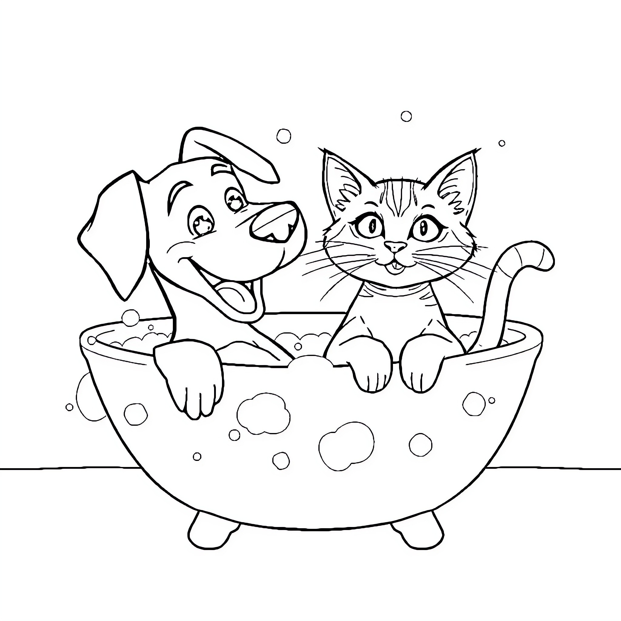 Dog and Cat Enjoying a Bubble Bath Coloring Page (free black-and-white line drawing printable PDF for all, from beginners to advanced learners, including children, teens, adults, and seniors)