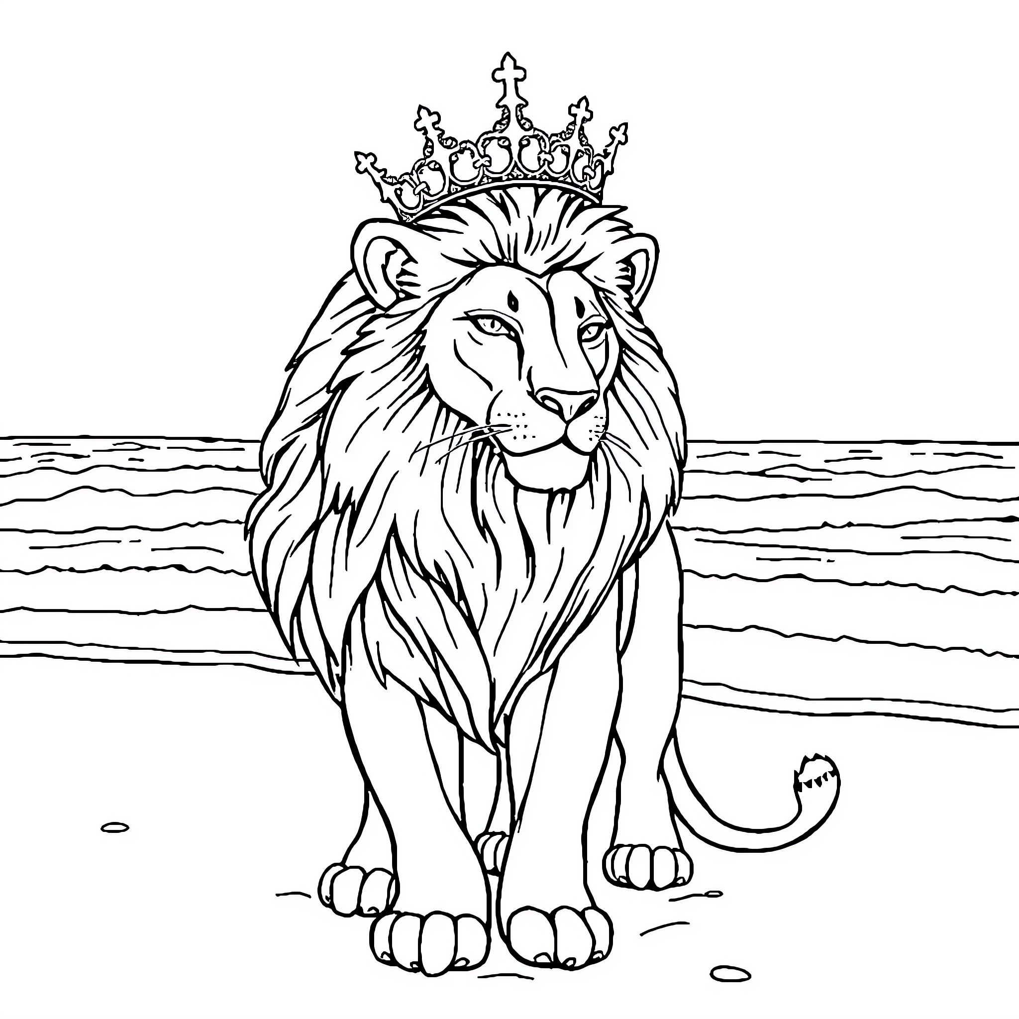 Lioness wearing majestic crown on the beach Coloring Page (free black-and-white line drawing printable PDF for all, from beginners to advanced learners, including children, teens, adults, and seniors)