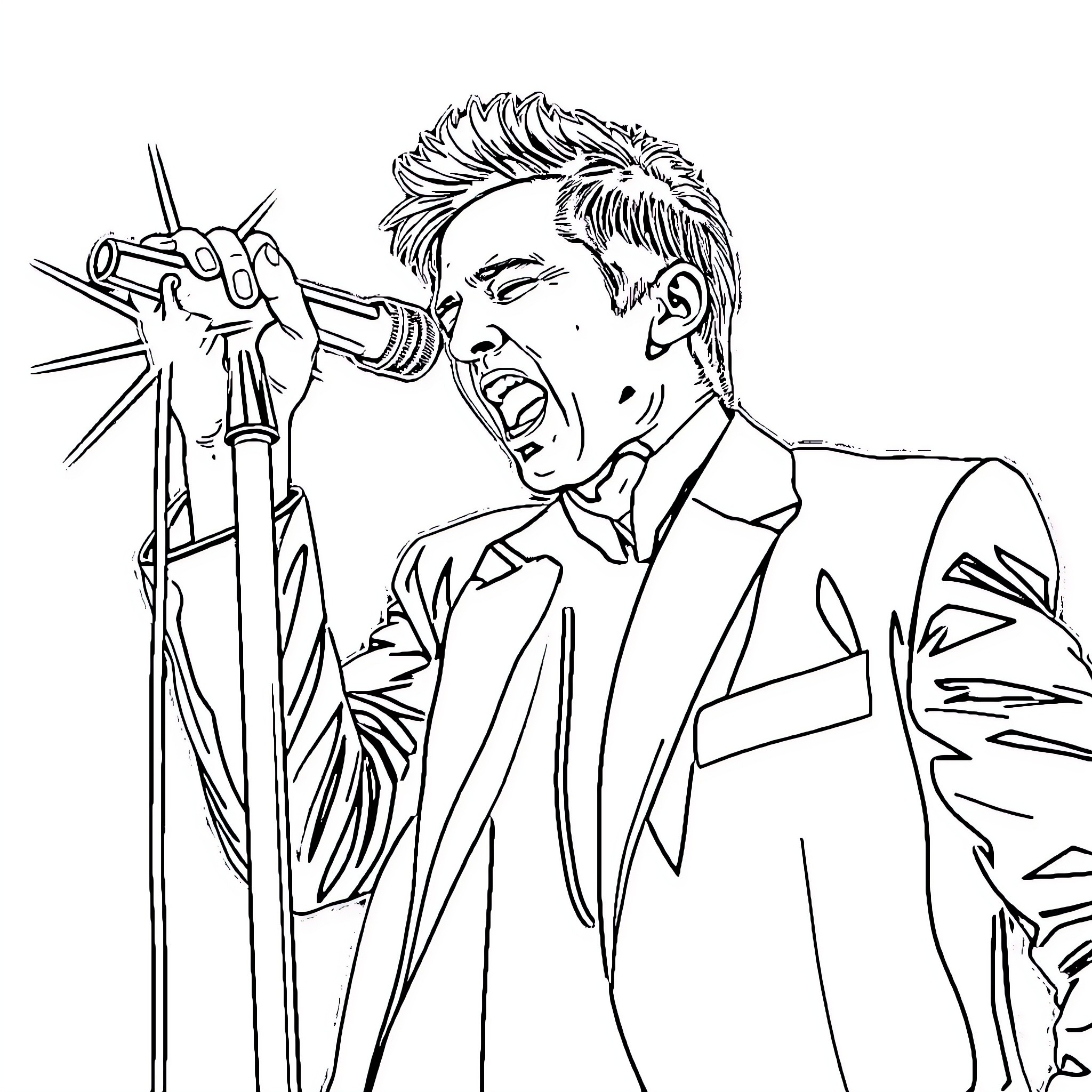 Dave Gahan performing energetic rock concert Coloring Page (free black-and-white line drawing printable PDF for all, from beginners to advanced learners, including children, teens, adults, and seniors)