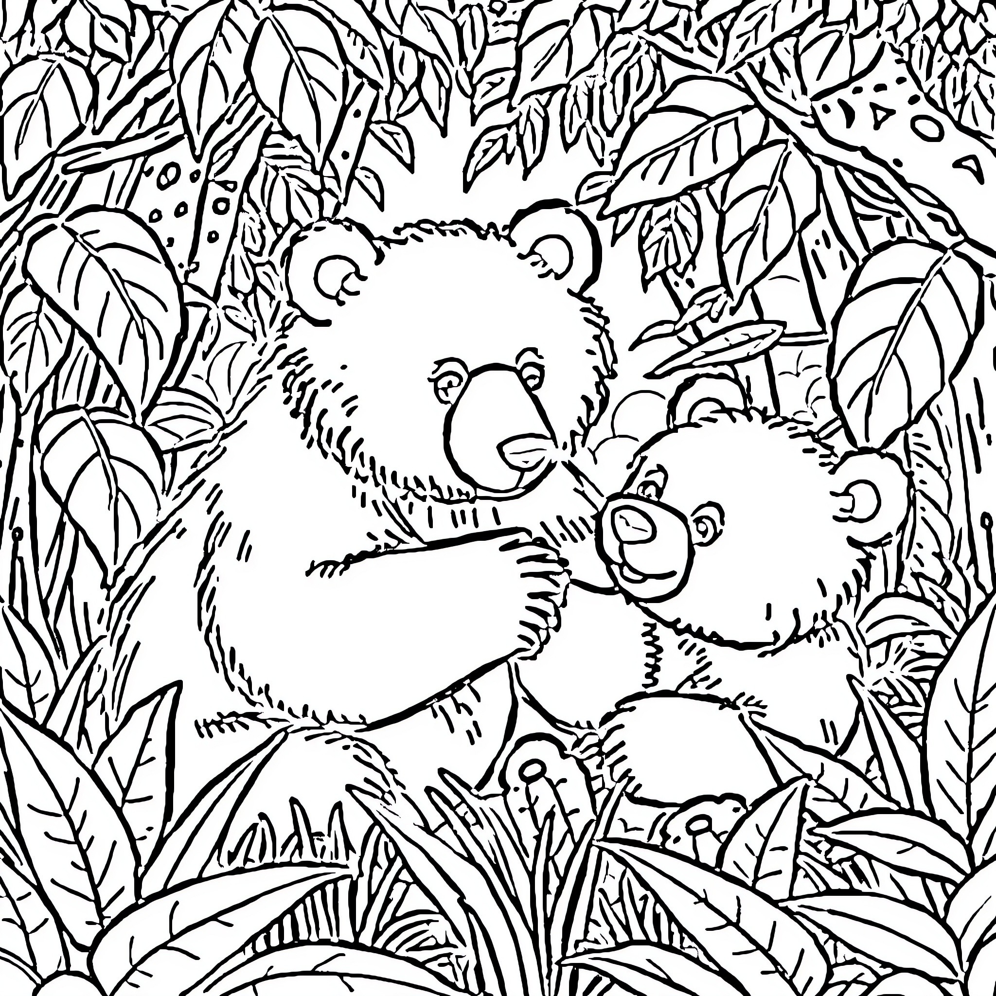 Bear family exploring the jungle Coloring Page (free black-and-white line drawing printable PDF for all, from beginners to advanced learners, including children, teens, adults, and seniors)