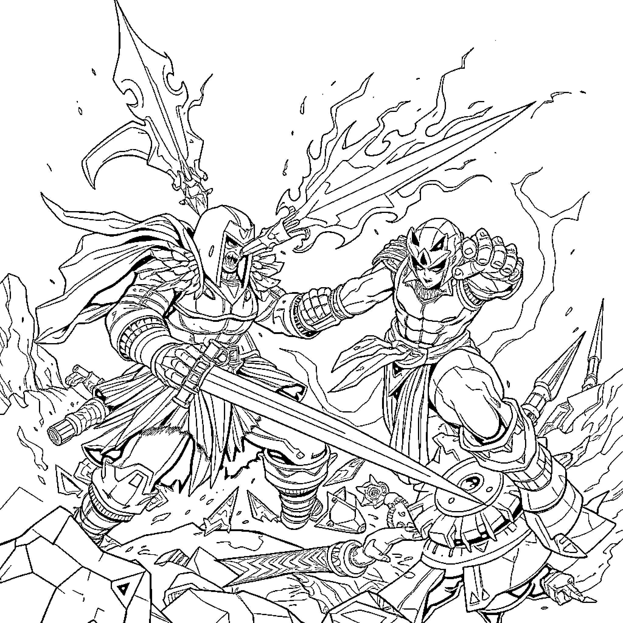 Scourge Unit Battling in Fierce Combat Coloring Page (free black-and-white line drawing printable PDF for all, from beginners to advanced learners, including children, teens, adults, and seniors)