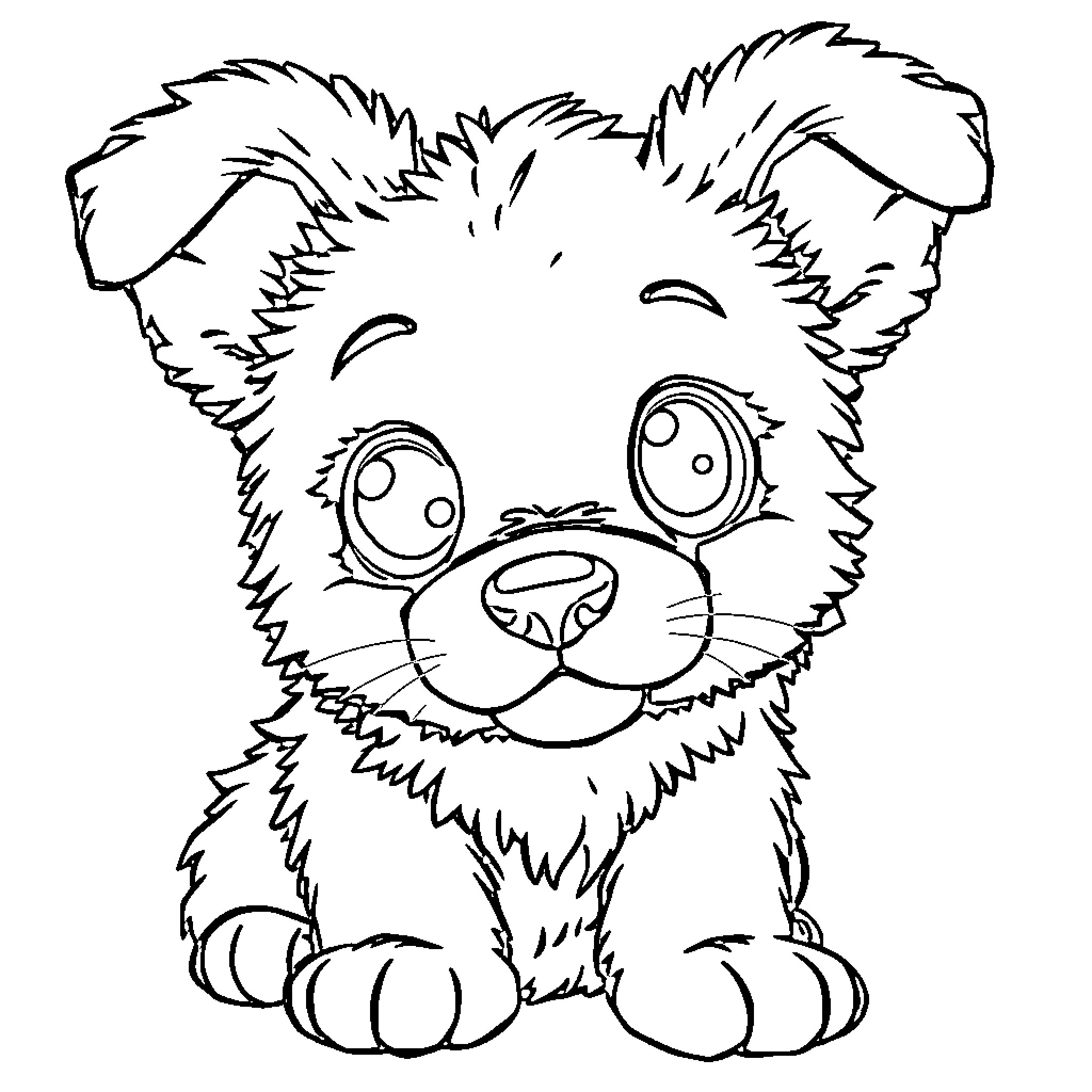 Puppy with big eyes and fluffy fur Coloring Page (free black-and-white line drawing printable PDF for all, from beginners to advanced learners, including children, teens, adults, and seniors)