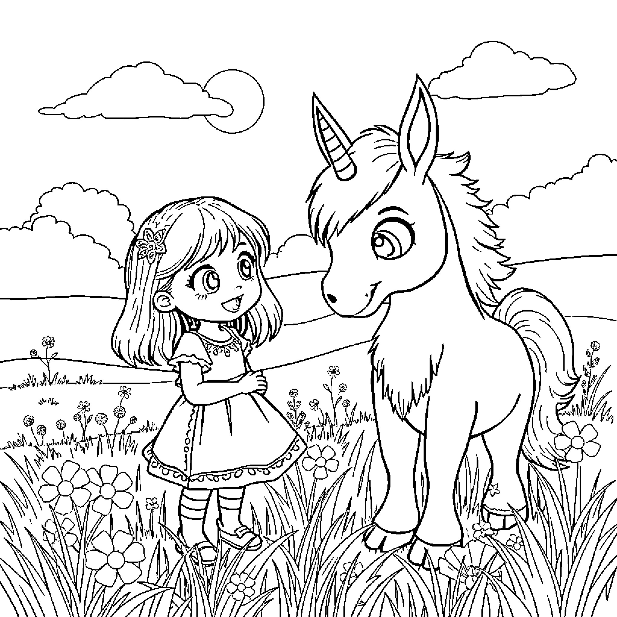 Girl petting a unicorn in a magical meadow Coloring Page (free black-and-white line drawing printable PDF for all, from beginners to advanced learners, including children, teens, adults, and seniors)