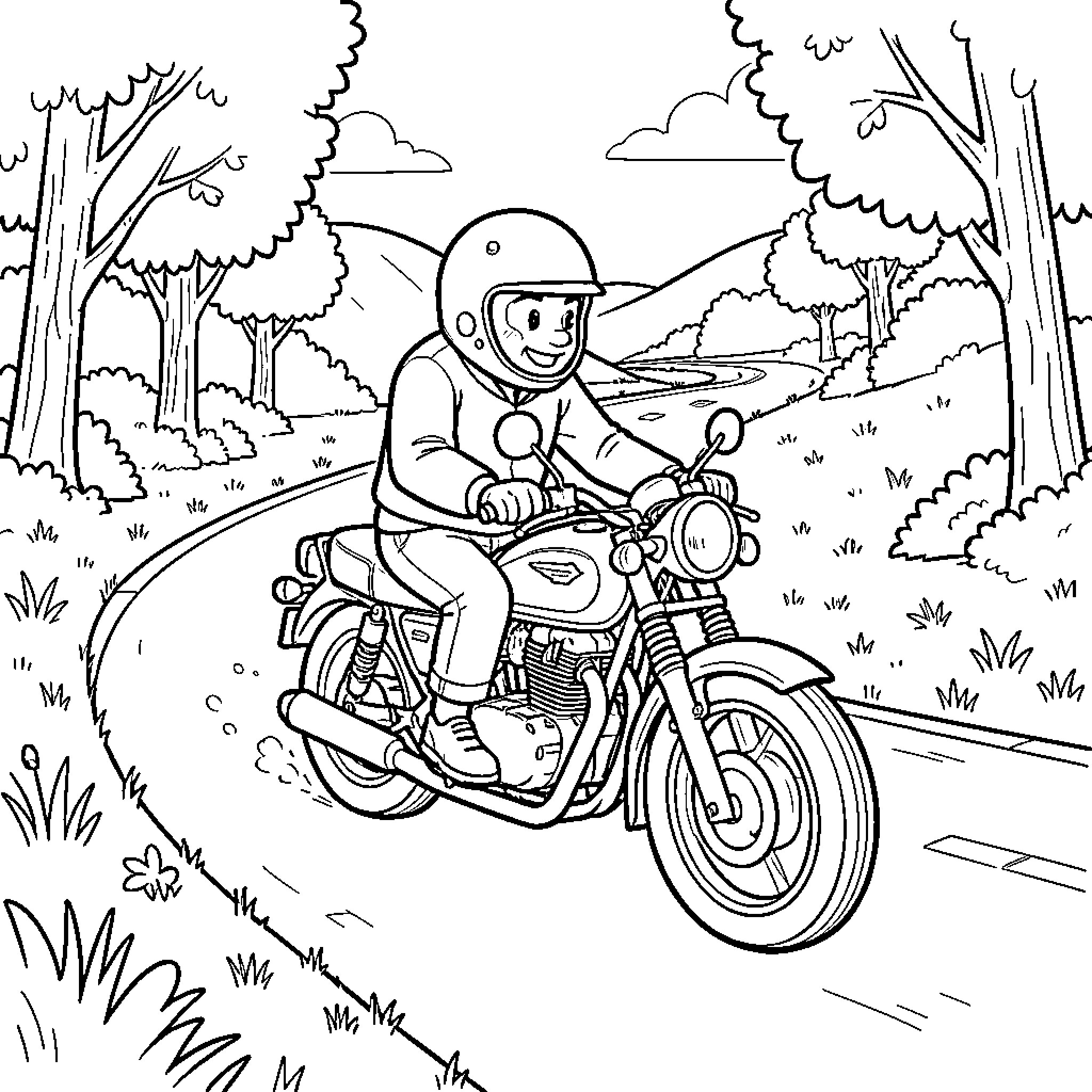 Dindon riding a motorcycle through a scenic landscape Coloring Page (free black-and-white line drawing printable PDF for all, from beginners to advanced learners, including children, teens, adults, and seniors)