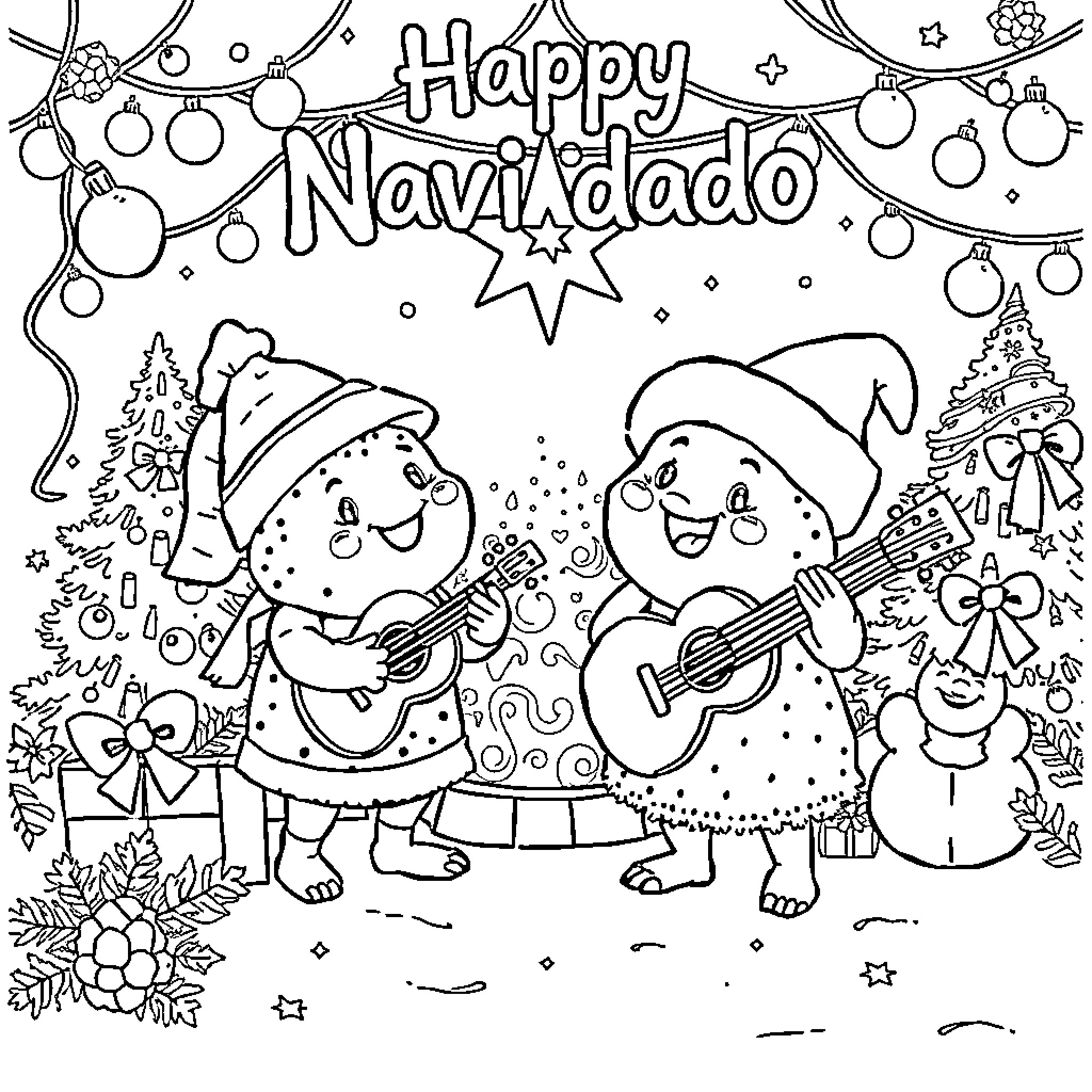 Labubu Celebrate Happy Navidado with Music and Decorations Coloring Page (free black-and-white line drawing printable PDF for all, from beginners to advanced learners, including children, teens, adults, and seniors)