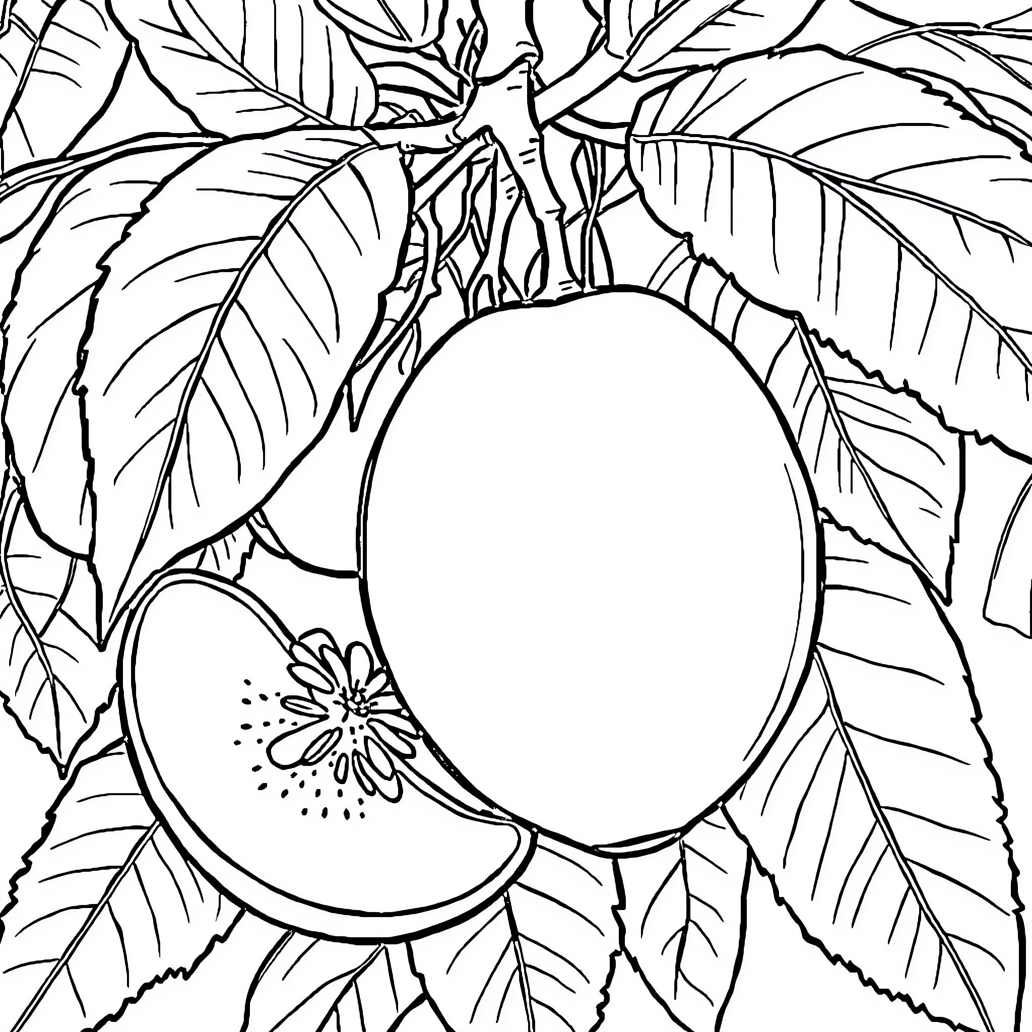 Mango Growing Among Tropical Leaves Coloring Page (free black-and-white line drawing printable PDF for all, from beginners to advanced learners, including children, teens, adults, and seniors)