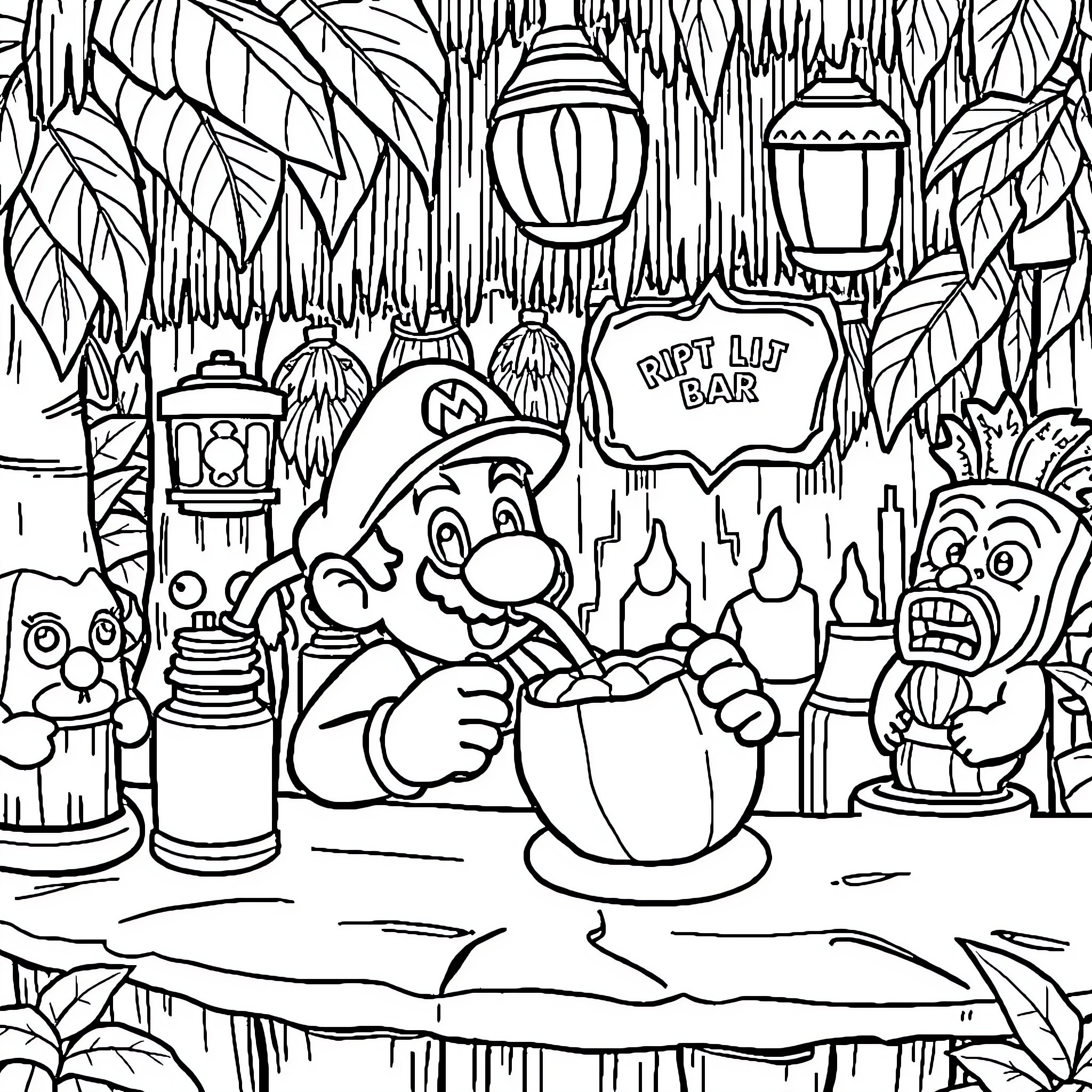 Mario Enjoying a Tropical Adventure Coloring Page (free black-and-white line drawing printable PDF for all, from beginners to advanced learners, including children, teens, adults, and seniors)