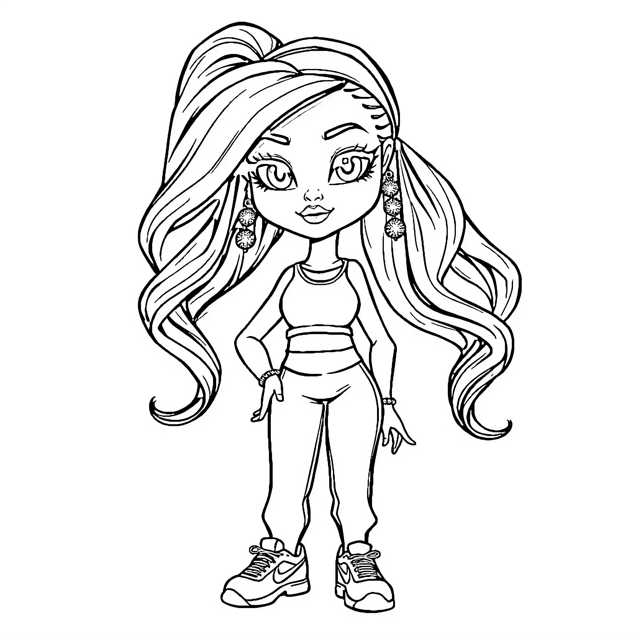 Girl with long flowing hair in casual outfit Coloring Page (free black-and-white line drawing printable PDF for all, from beginners to advanced learners, including children, teens, adults, and seniors)