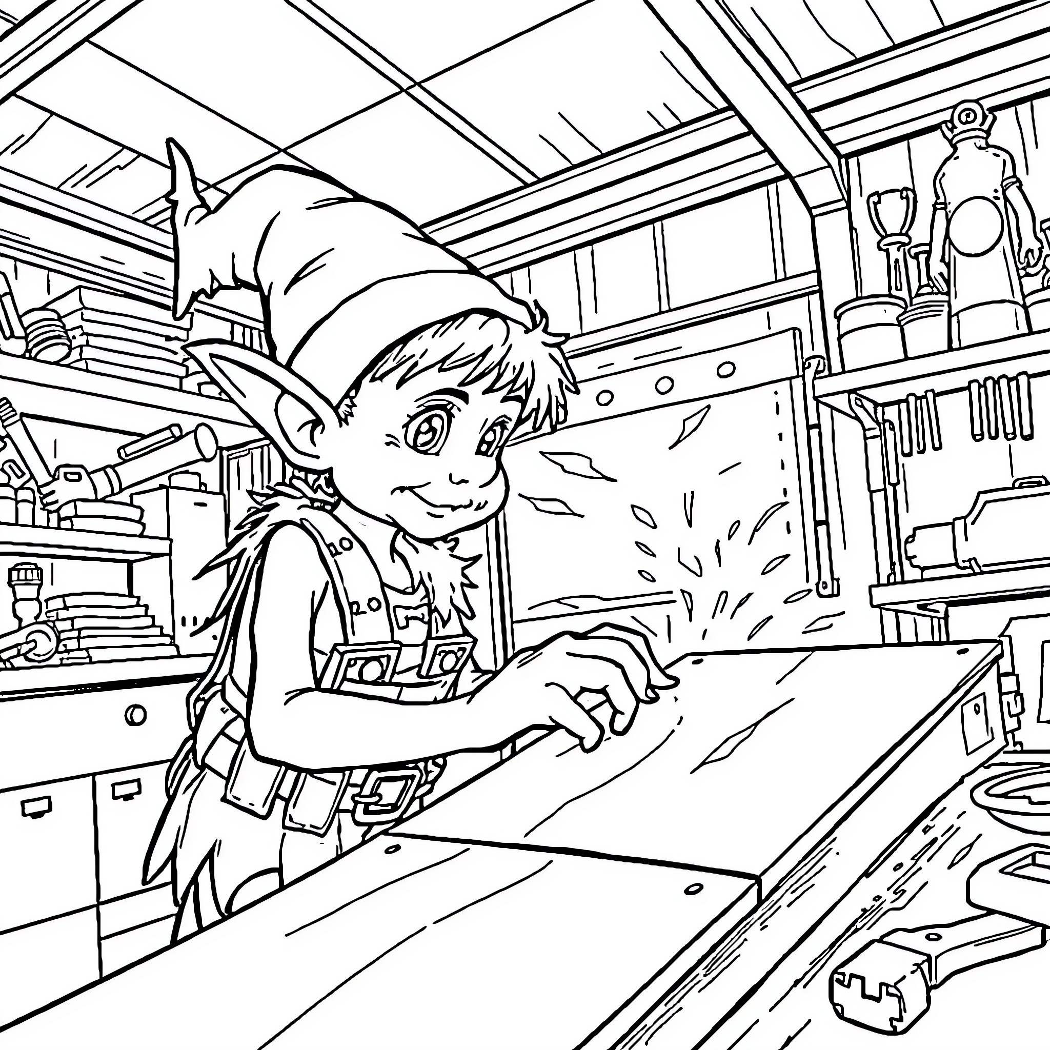 Keebler Elf hard at work in the cookie factory Coloring Page (free black-and-white line drawing printable PDF for all, from beginners to advanced learners, including children, teens, adults, and seniors)