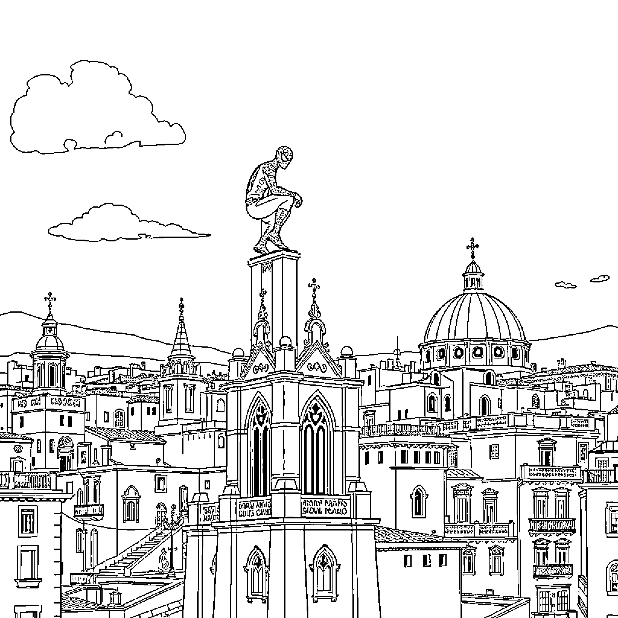 Spiderman overlooking a vibrant cityscape Coloring Page (free black-and-white line drawing printable PDF for all, from beginners to advanced learners, including children, teens, adults, and seniors)