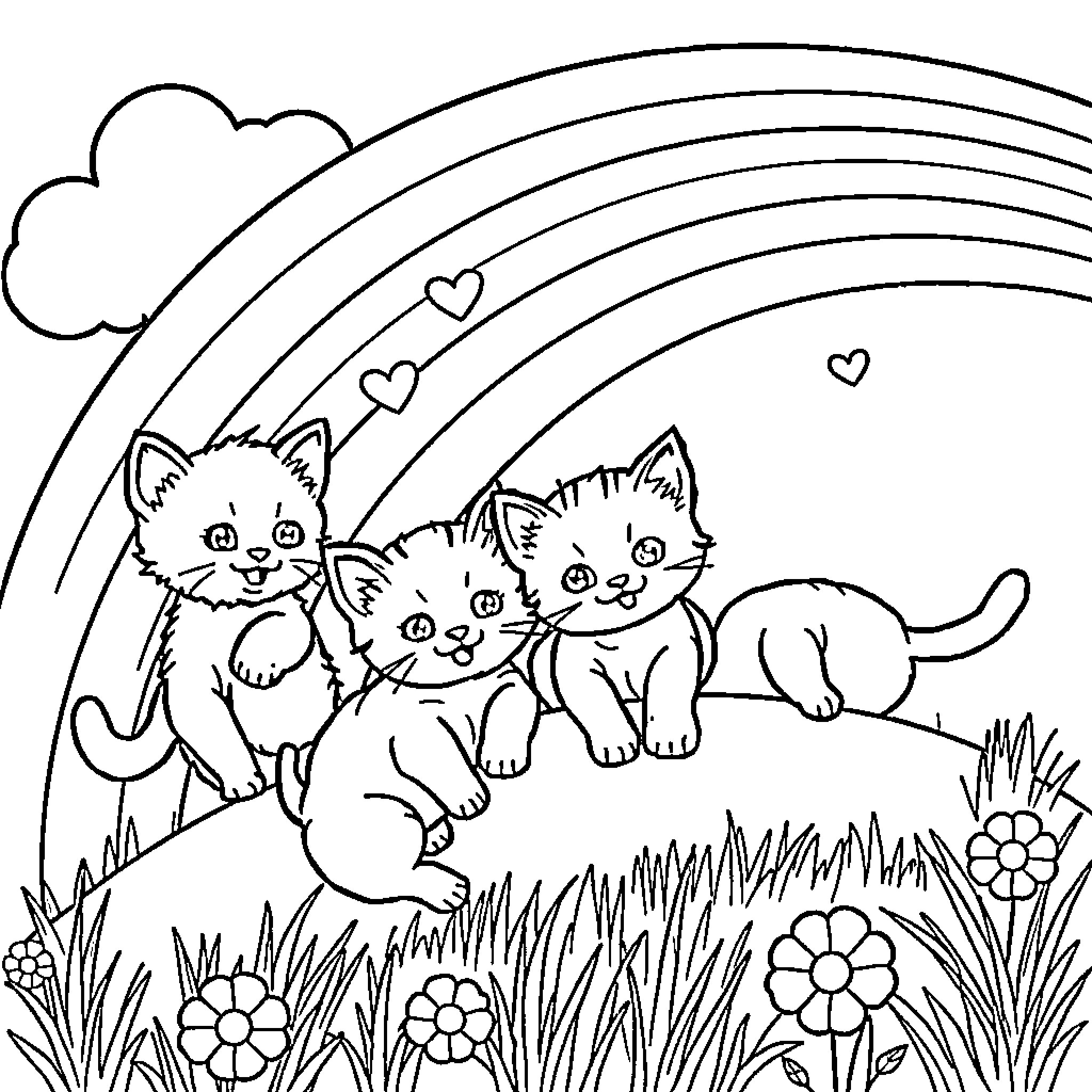 Kittens exploring a meadow under a rainbow Coloring Page (free black-and-white line drawing printable PDF for all, from beginners to advanced learners, including children, teens, adults, and seniors)