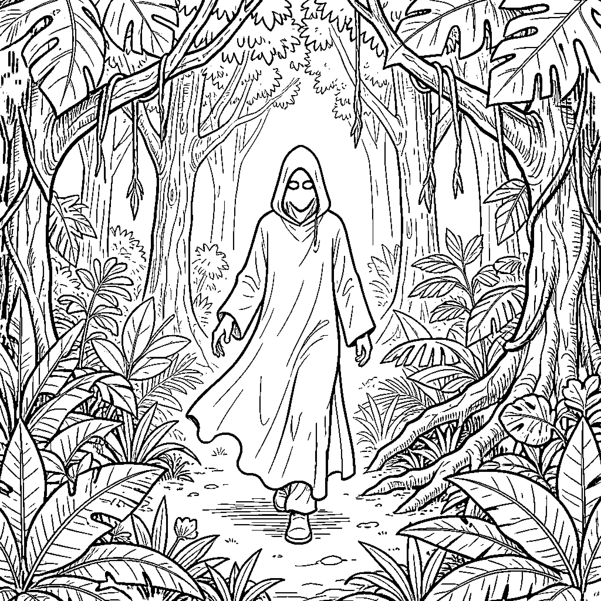 Phantom in hooded robes walking through a dense jungle Coloring Page (free black-and-white line drawing printable PDF for all, from beginners to advanced learners, including children, teens, adults, and seniors)
