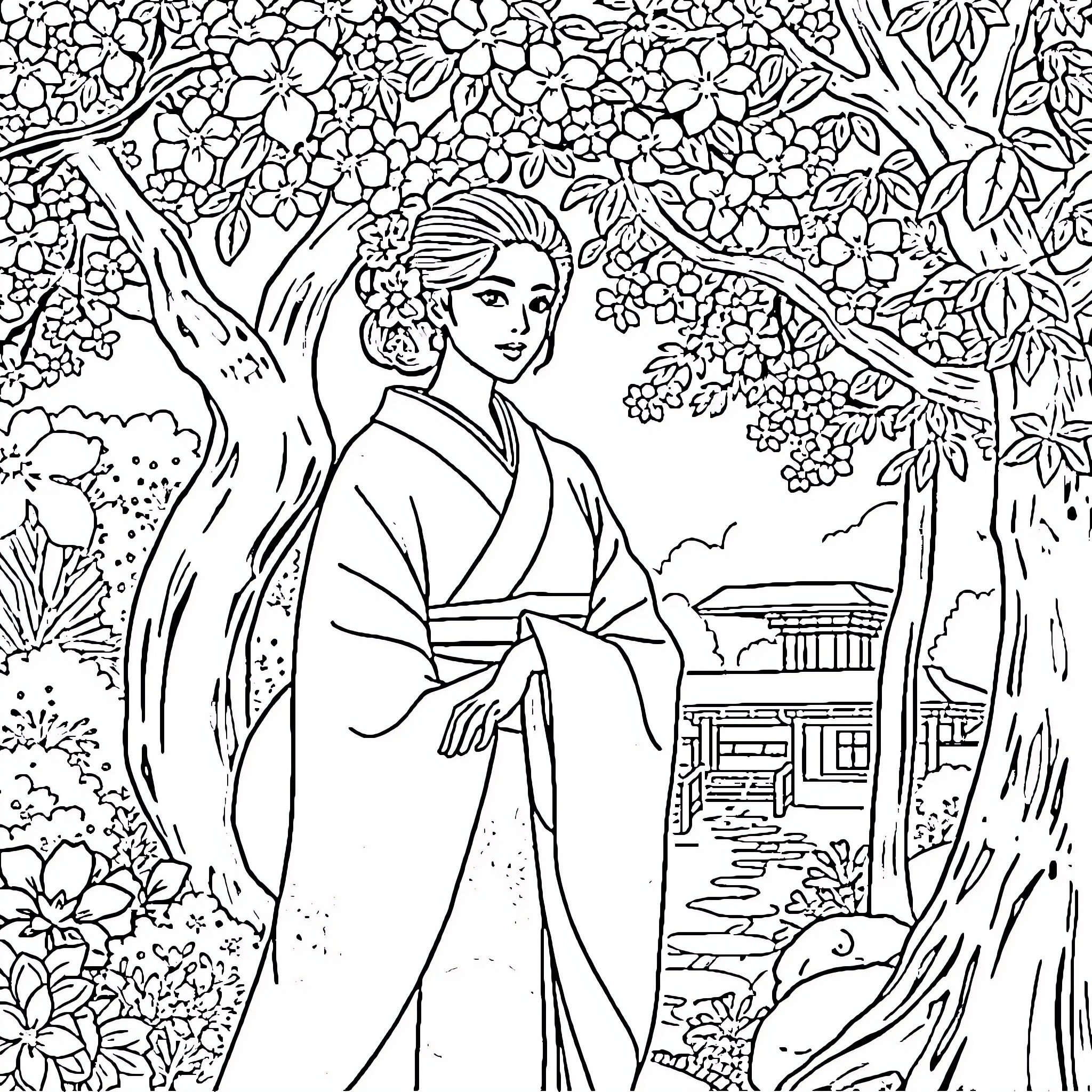 Shizuka Minamoto in a serene garden setting Coloring Page (free black-and-white line drawing printable PDF for all, from beginners to advanced learners, including children, teens, adults, and seniors)