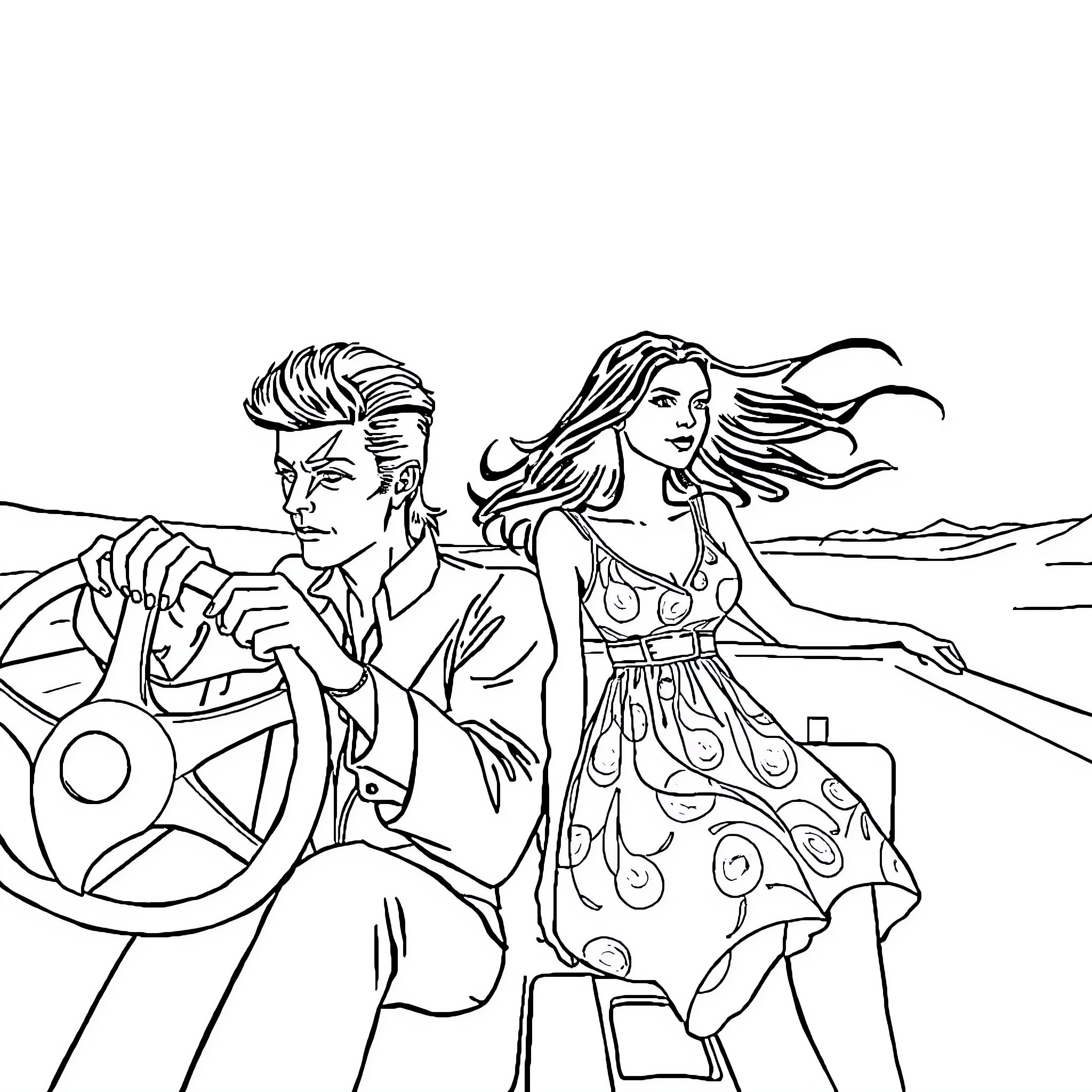 David Bowie and woman in stylish outfits on a boat Coloring Page (free black-and-white line drawing printable PDF for all, from beginners to advanced learners, including children, teens, adults, and seniors)