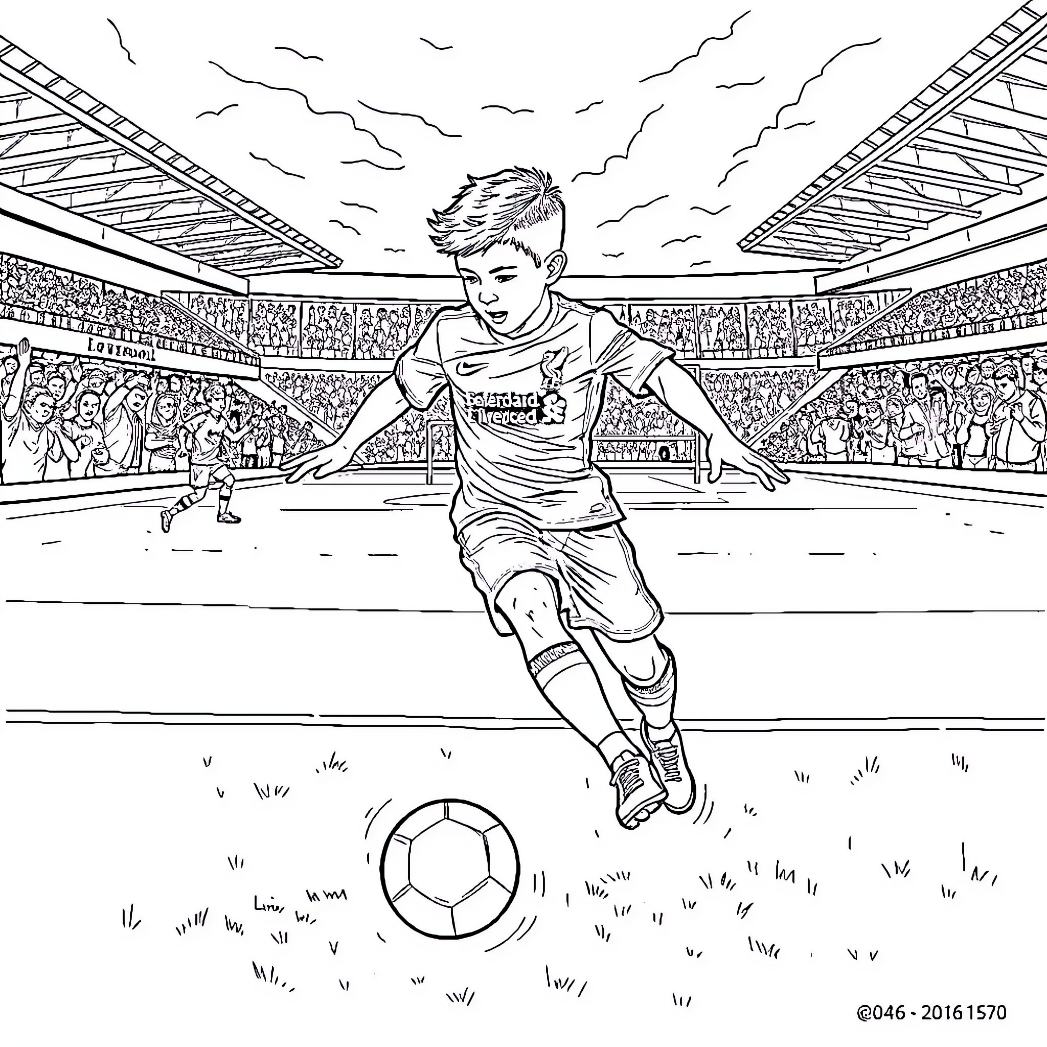 Isaak scoring a goal on the soccer field Coloring Page (free black-and-white line drawing printable PDF for all, from beginners to advanced learners, including children, teens, adults, and seniors)