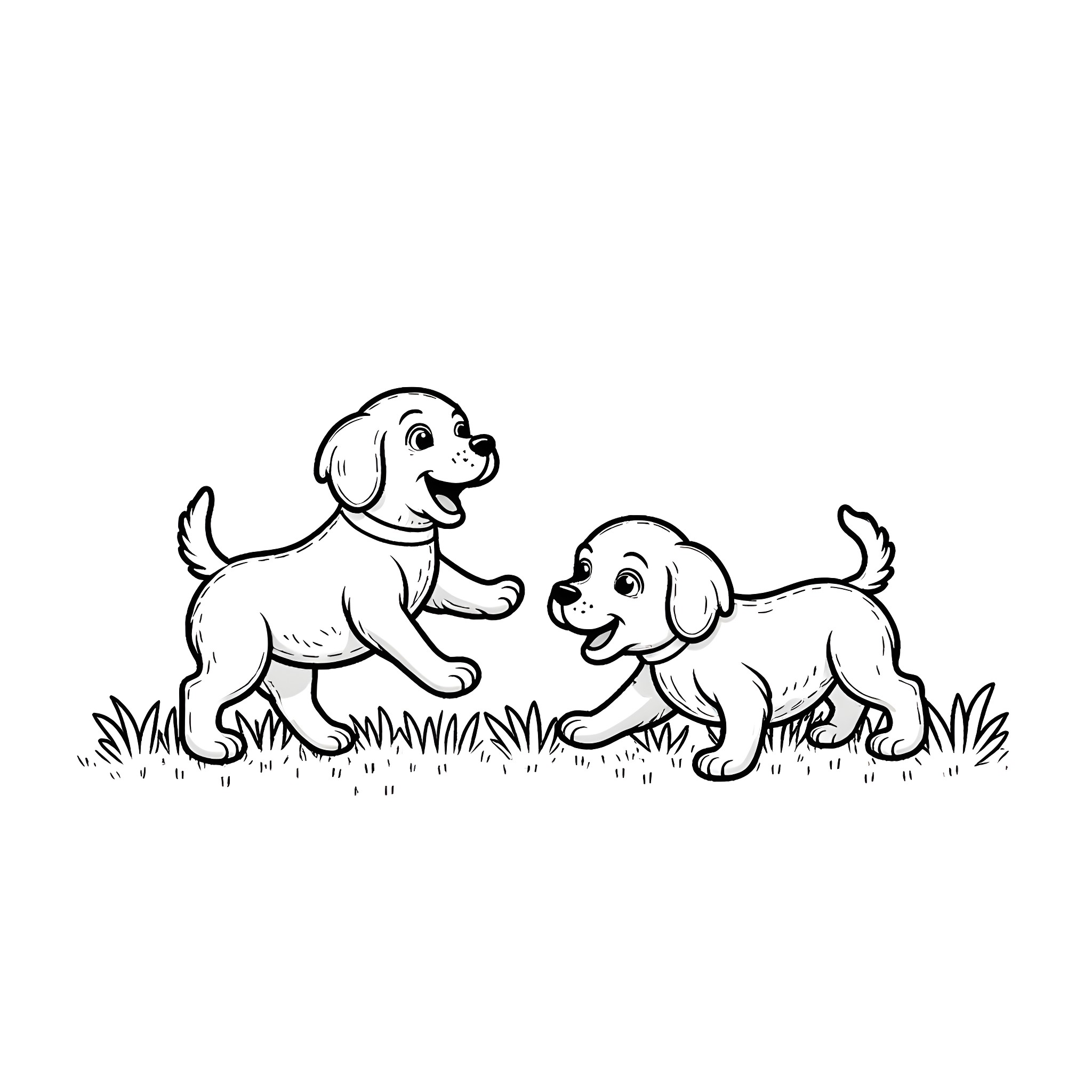 Puppies playing joyfully in the grass Coloring Page (free black-and-white line drawing printable PDF for all, from beginners to advanced learners, including children, teens, adults, and seniors)