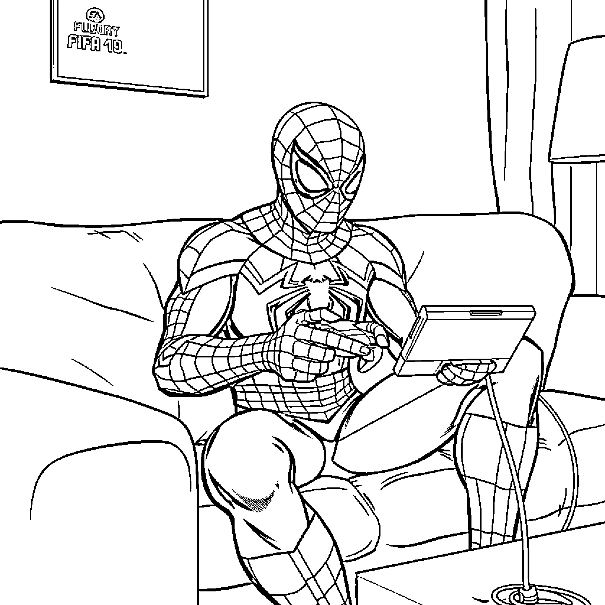 Spiderman playing video games in his apartment Coloring Page (free black-and-white line drawing printable PDF for all, from beginners to advanced learners, including children, teens, adults, and seniors)