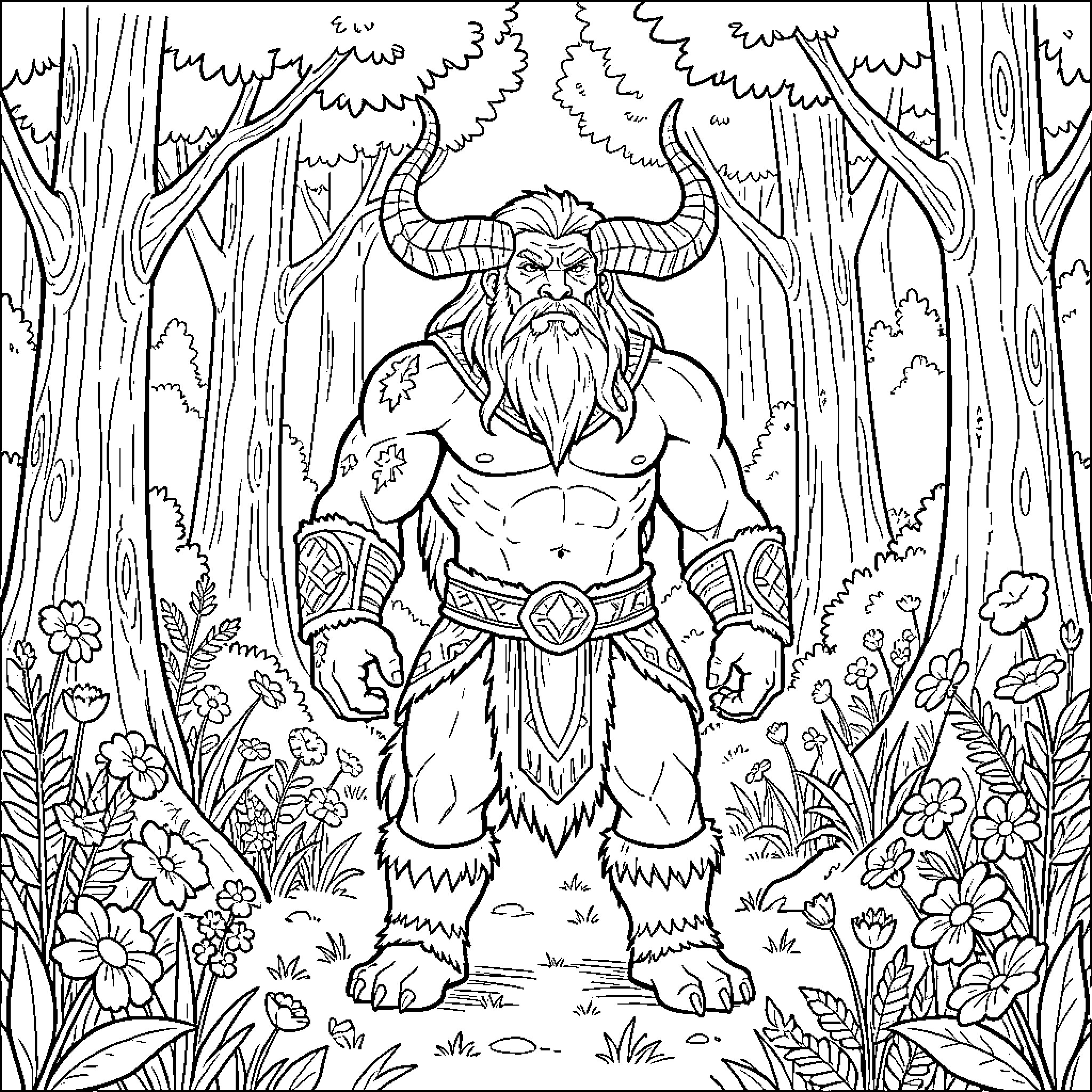 Tauren warrior in the mystical forest Coloring Page (free black-and-white line drawing printable PDF for all, from beginners to advanced learners, including children, teens, adults, and seniors)