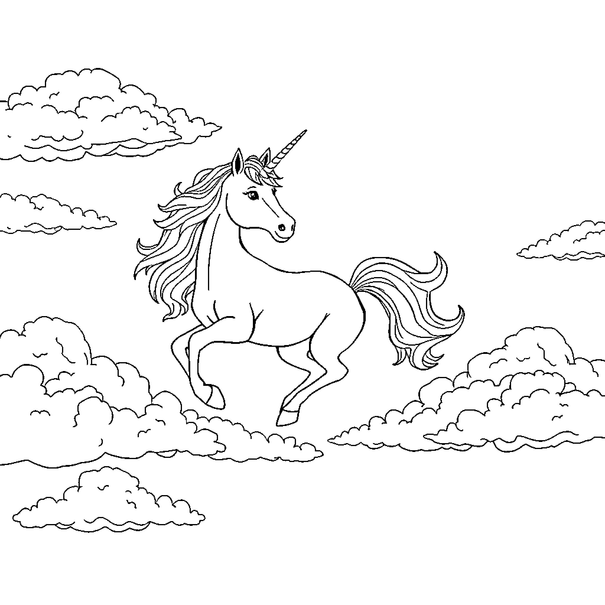 Unicorn galloping through the clouds Coloring Page (free black-and-white line drawing printable PDF for all, from beginners to advanced learners, including children, teens, adults, and seniors)
