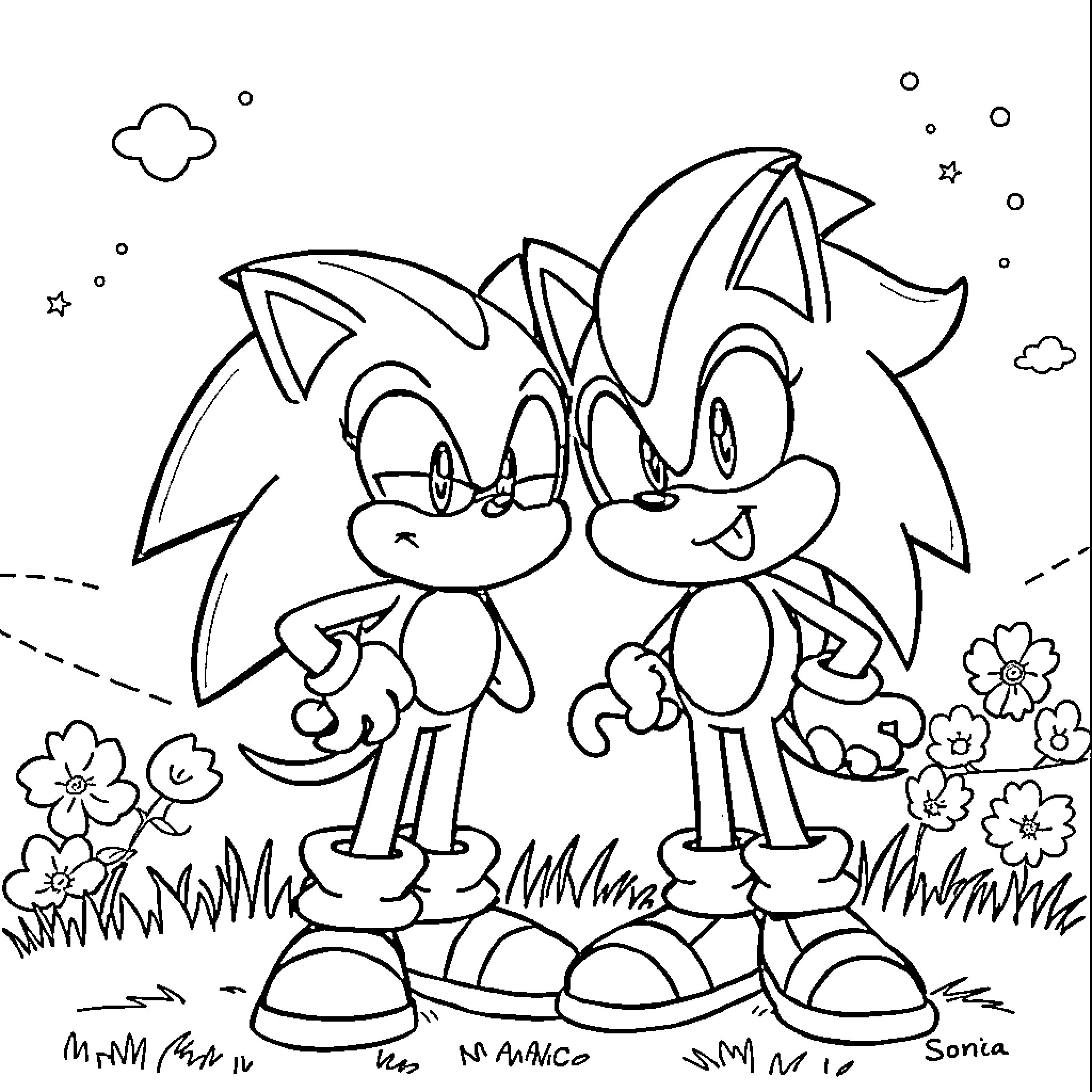 Sonic characters in a playful outdoor scene Coloring Page (free black-and-white line drawing printable PDF for all, from beginners to advanced learners, including children, teens, adults, and seniors)