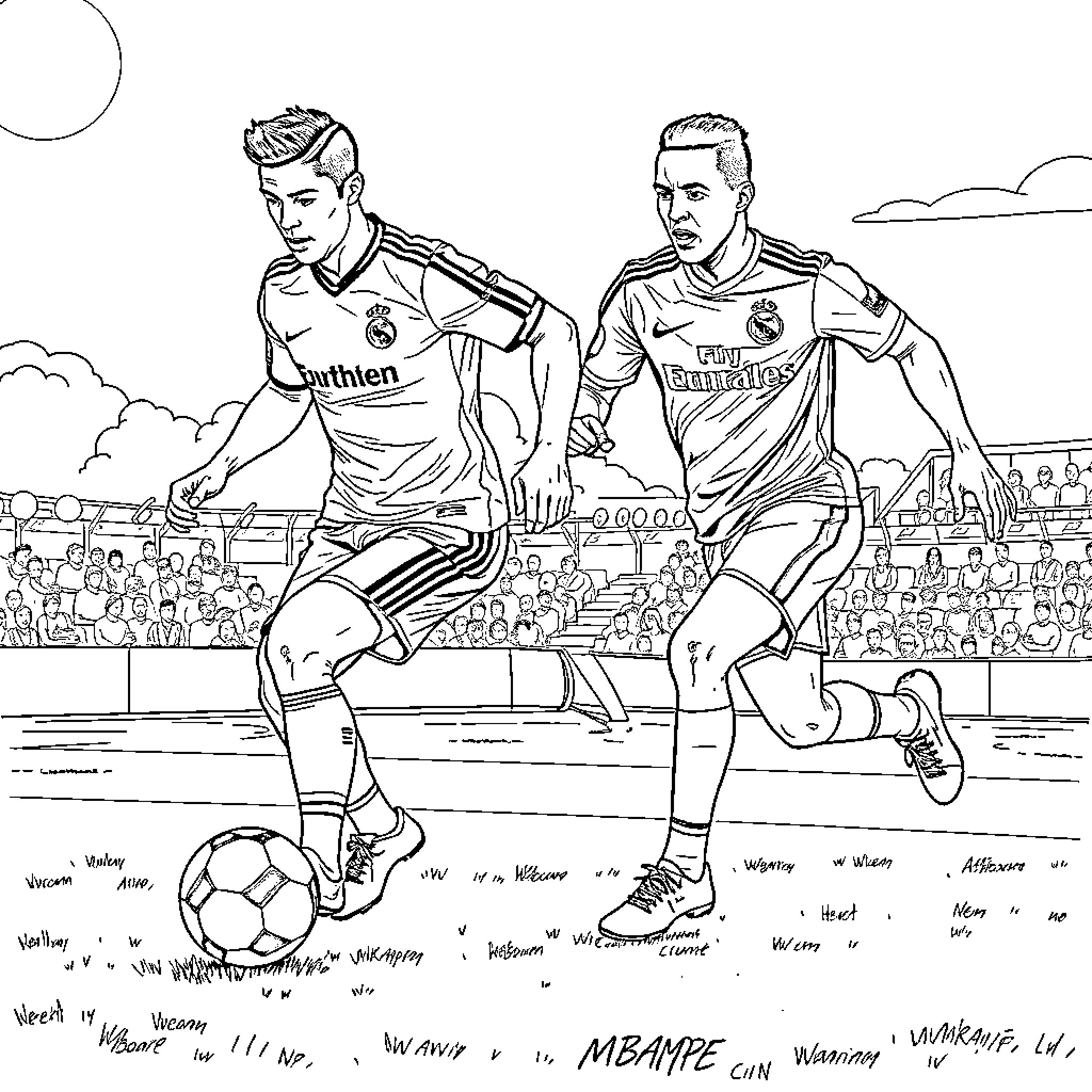 Cristiano Ronaldo and Football Players in Action on the Field Coloring Page (free black-and-white line drawing printable PDF for all, from beginners to advanced learners, including children, teens, adults, and seniors)